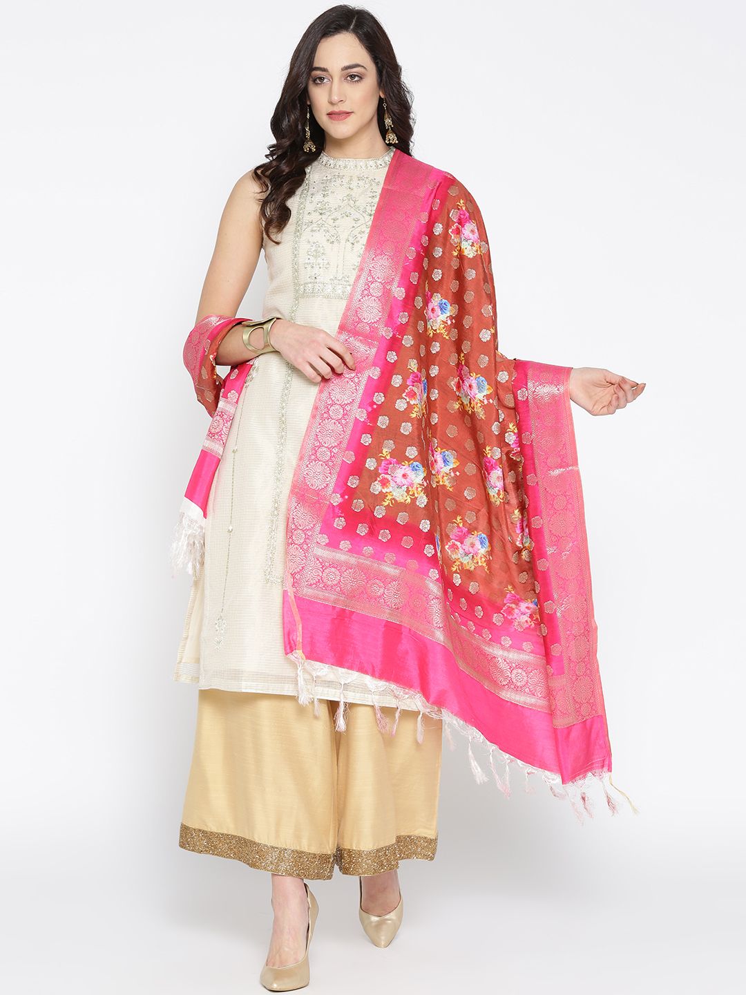 Banarasi Style Brown & Pink Woven Design Dupatta with Printed Detail Price in India