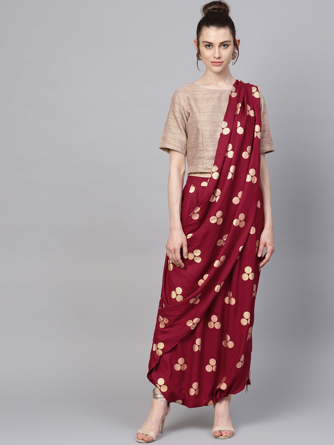 Ishin Women Beige & Maroon Printed Top with Dhoti Pants & Dupatta