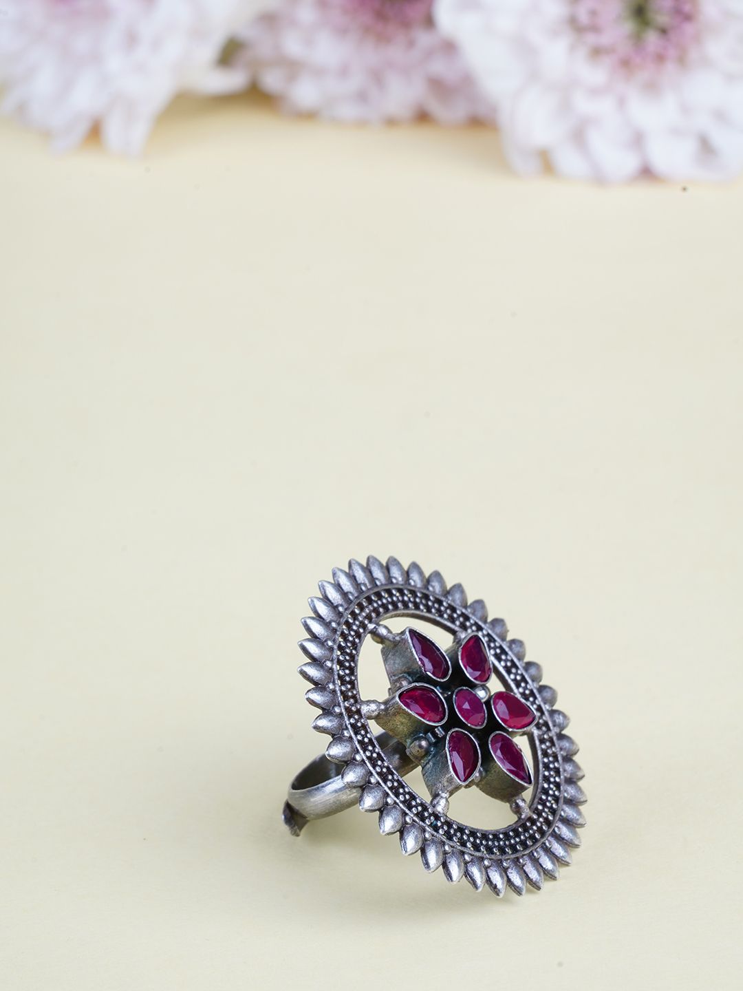 FIROZA Oxidised Silver-Toned & Pink Stone-Studded Adjustable Ring Price in India
