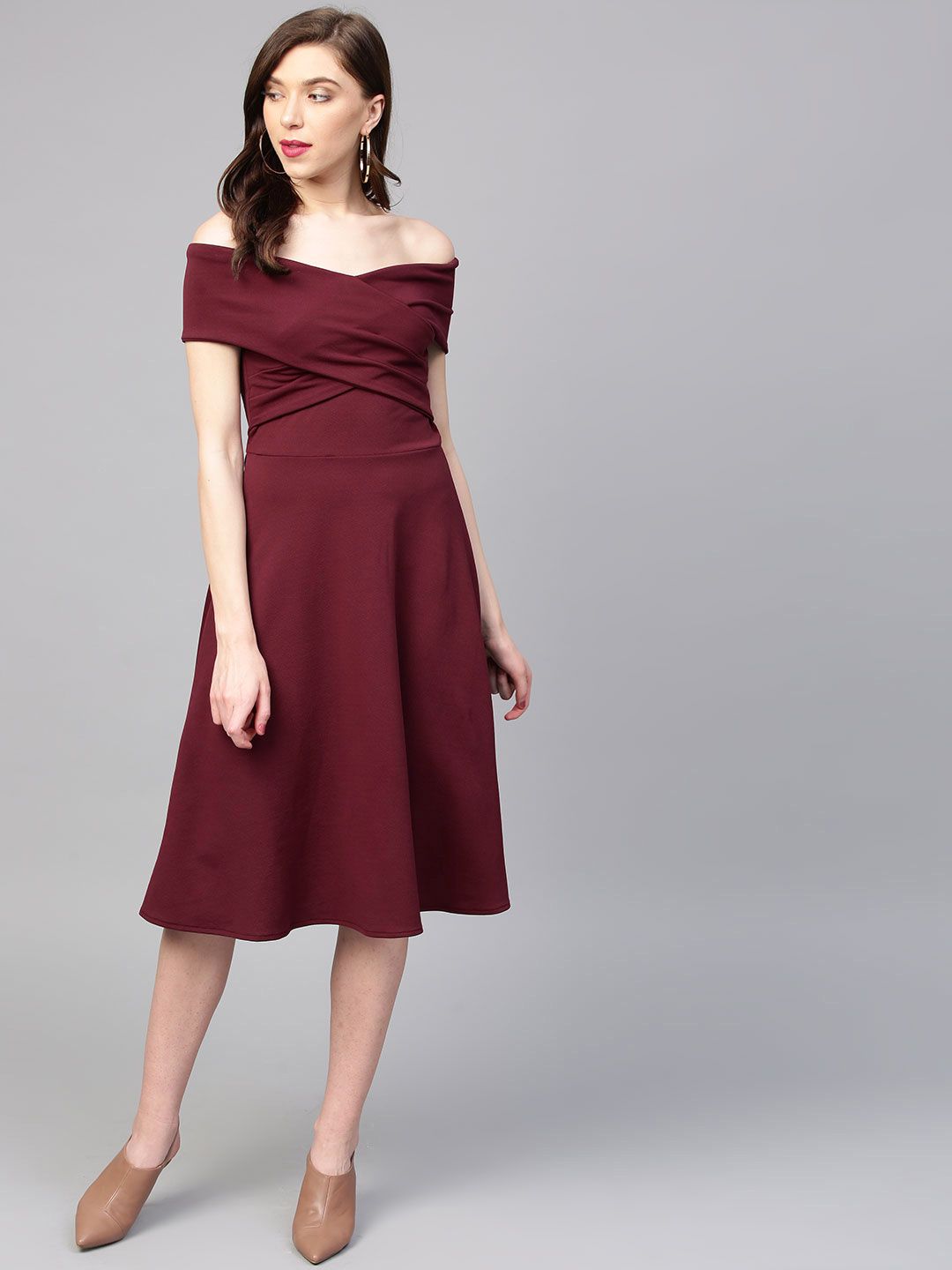 Athena Burgundy Off-Shoulder Pleated Fit & Flare Dress Price in India