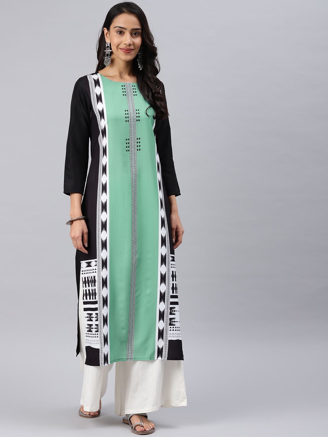 AHIKA Women Sea Green & Black Printed Straight Kurta
