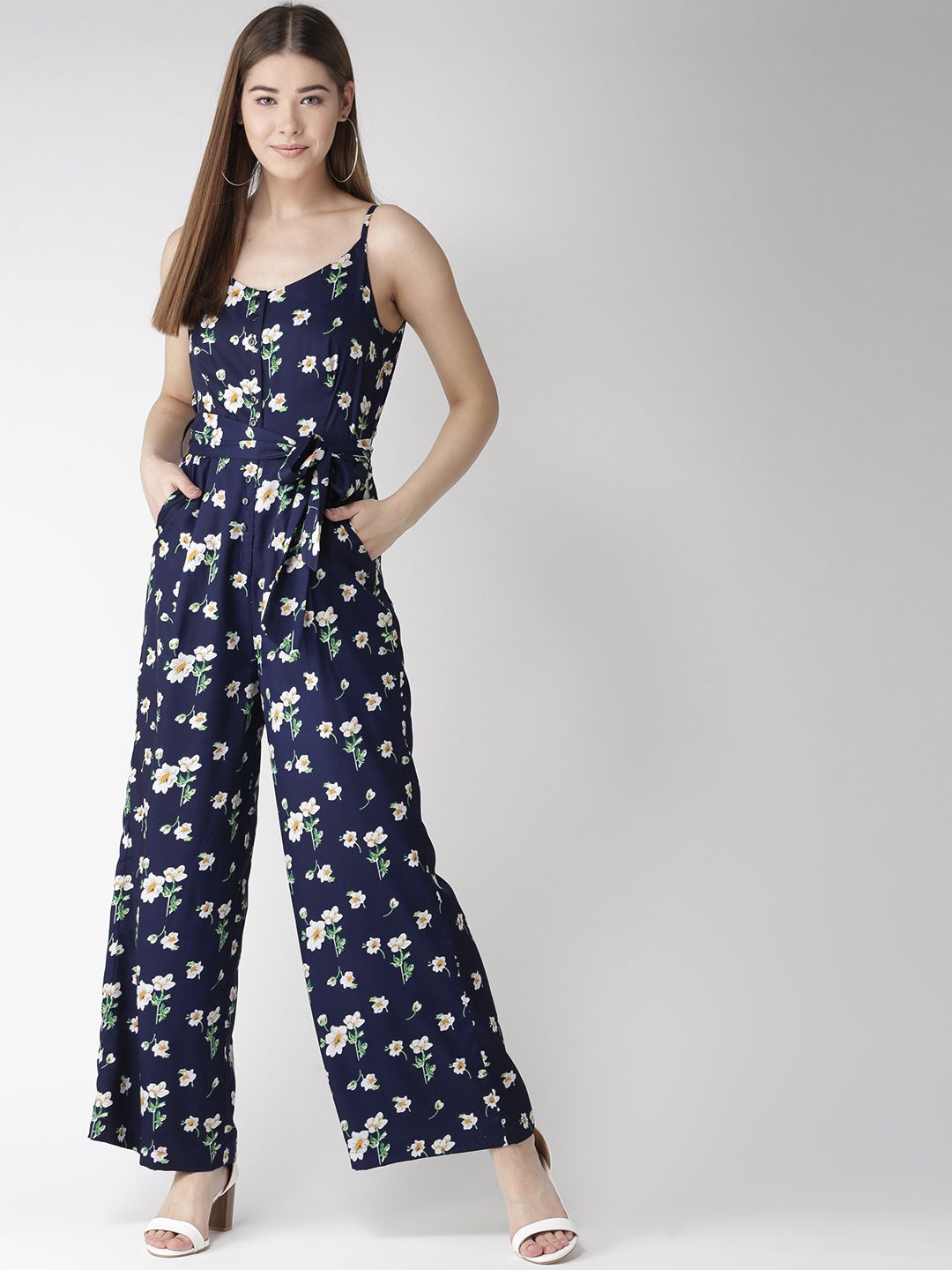 QUIERO Women Navy Blue & White Floral Print Buttib Front Jumpsuit Price in India