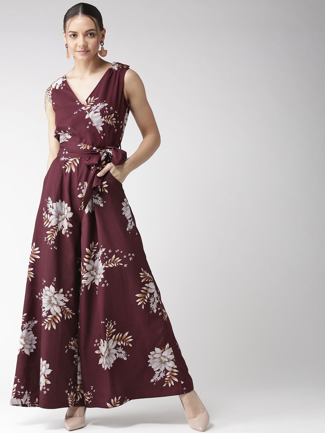 QUIERO Women Wine-Coloured & Grey Floral Printed Flared Jumpsuit Price in India
