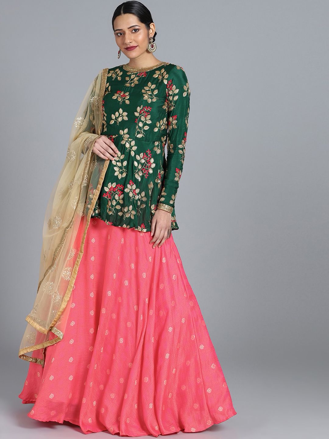 EthnoVogue Custom Made Green & Pink Embroidered Made to Measure Lehenga Set Price in India