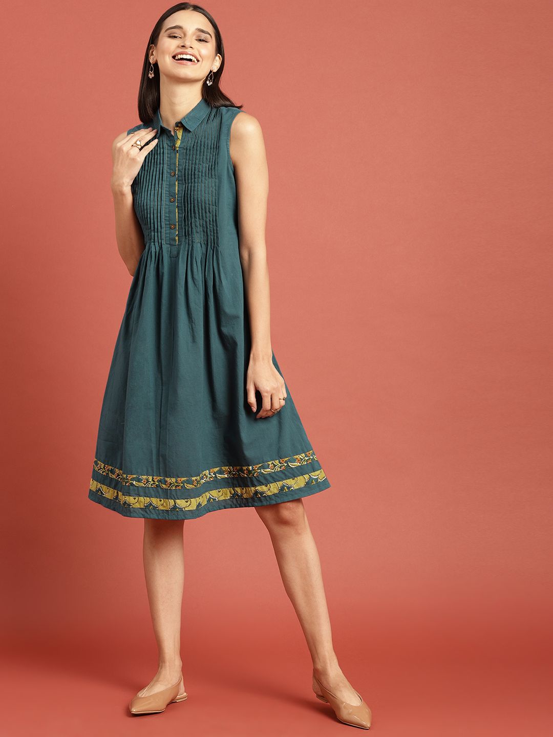 Taavi Women Green Bagru Hand Block Print A-Line Sustainable Dress with Pleats & Pockets