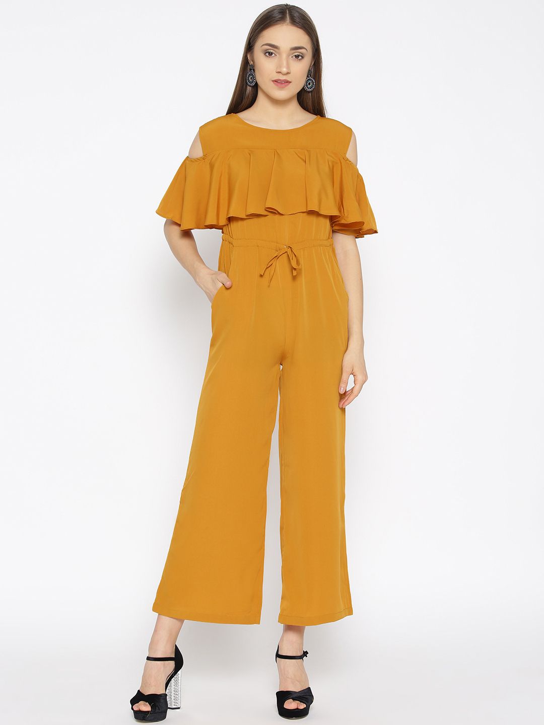 Cottinfab Women Mustard Yellow Solid Basic Jumpsuit Price in India