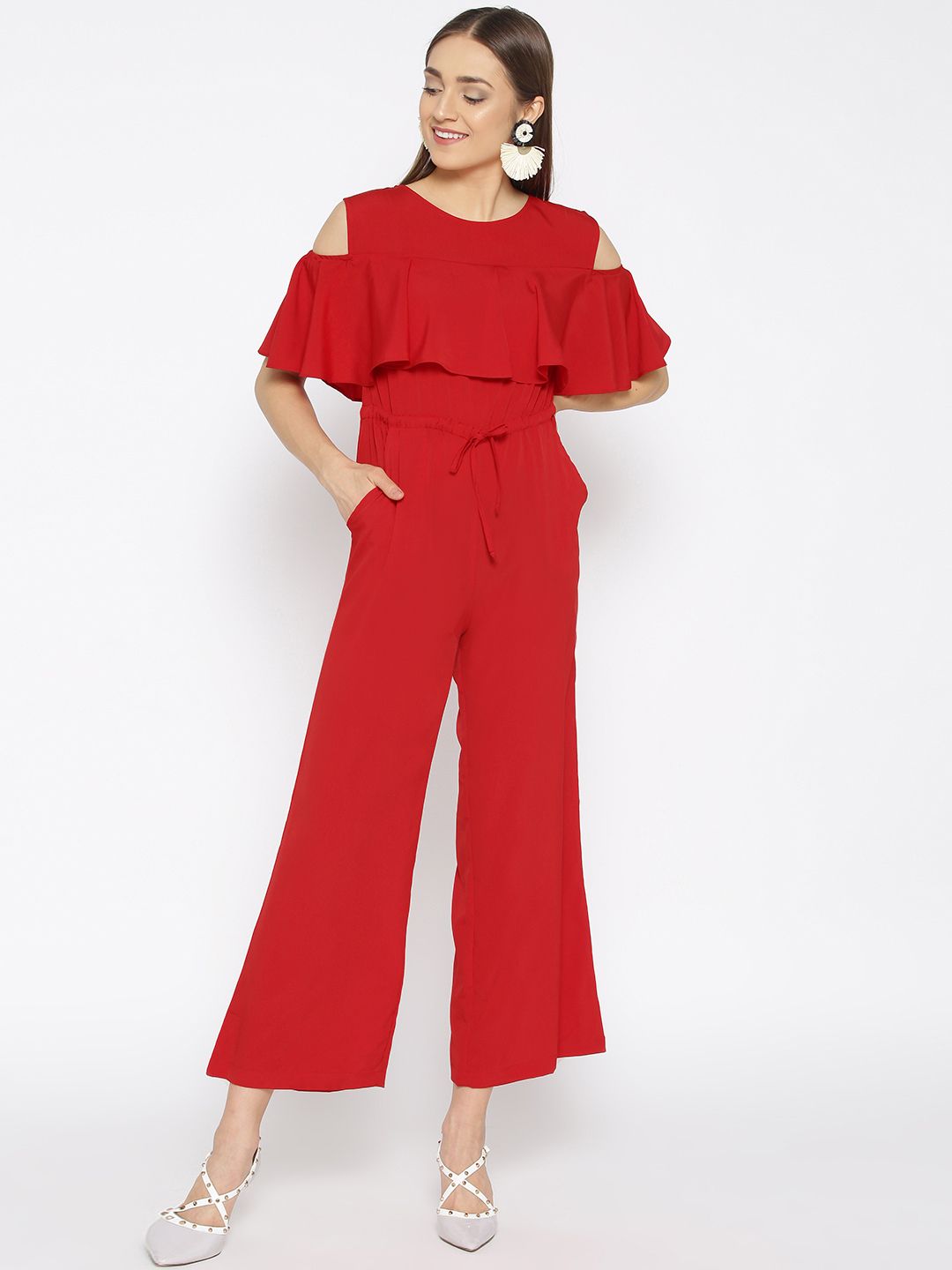 Cottinfab Women Red Solid Basic Jumpsuit Price in India