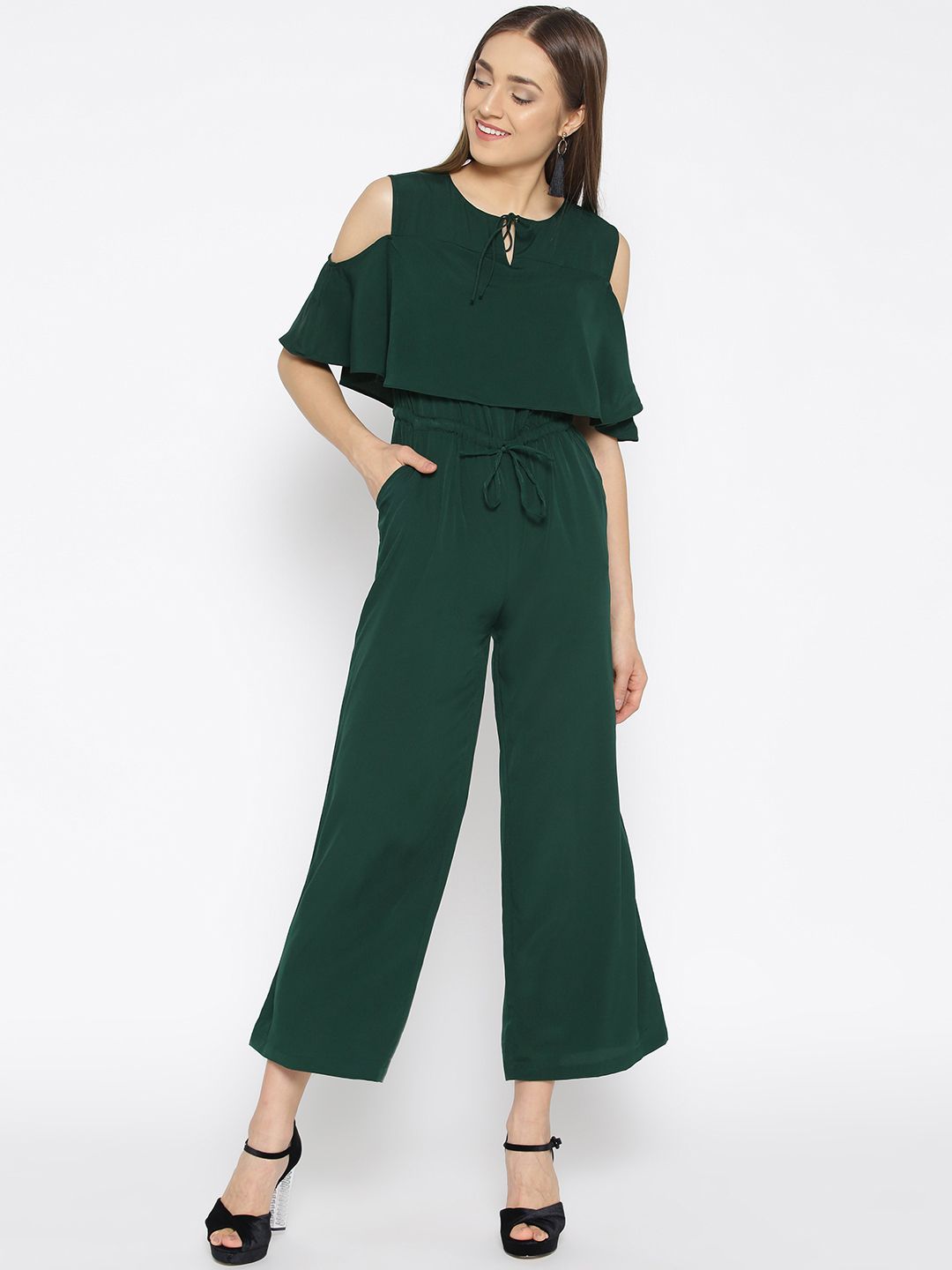 Cottinfab Green Solid Basic Jumpsuit Price in India
