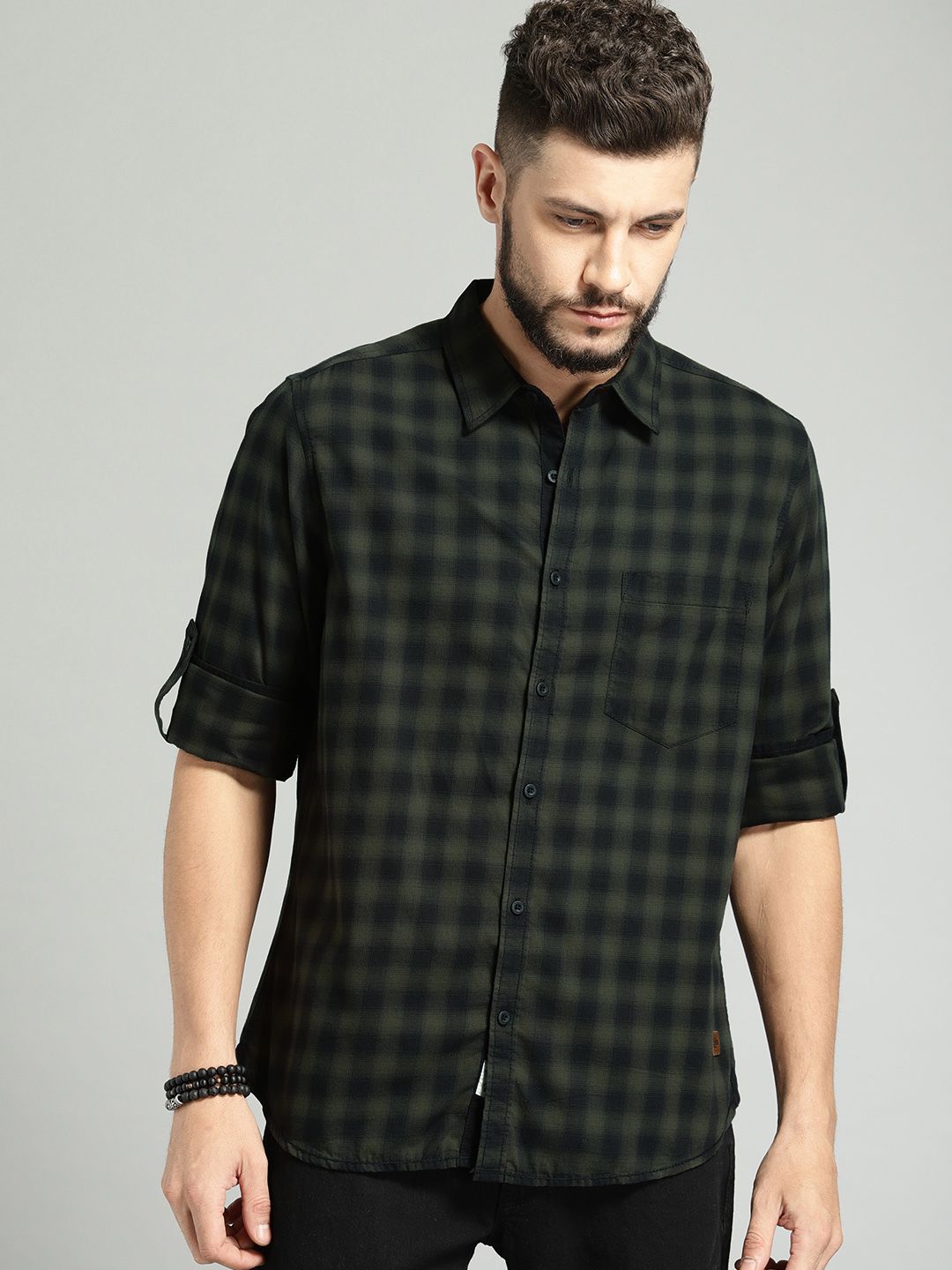 Roadster Men Olive Green & Black Regular Fit Shadow Check Sustainable Casual  Shirt - Price History