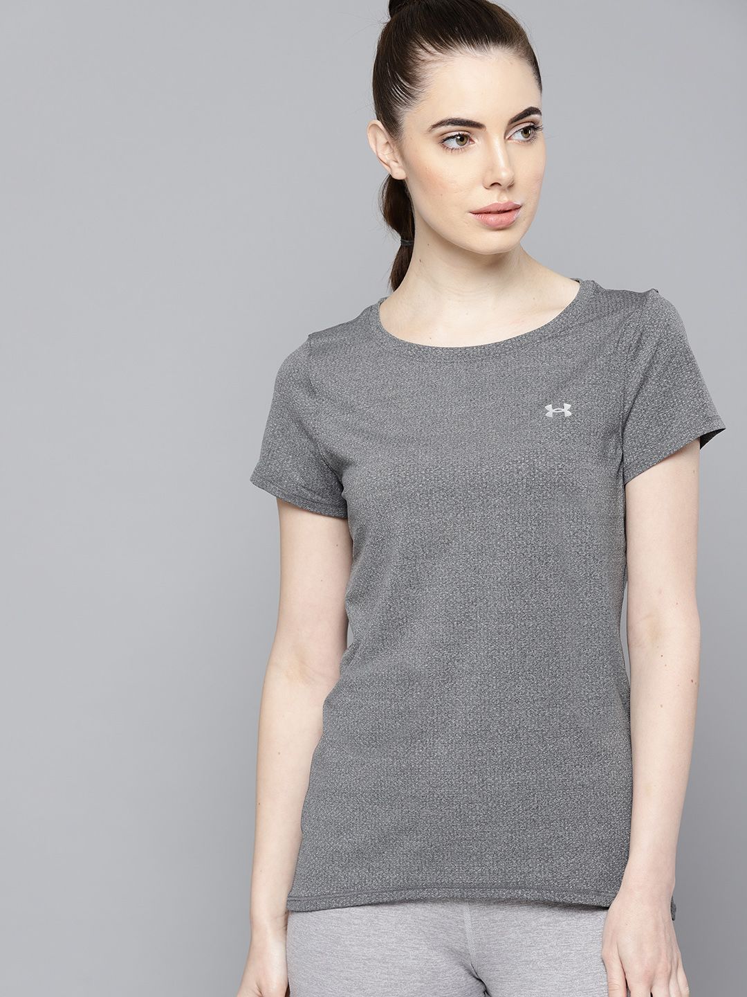 UNDER ARMOUR Women Charcoal Grey Solid HeatGear T-shirt Price in India