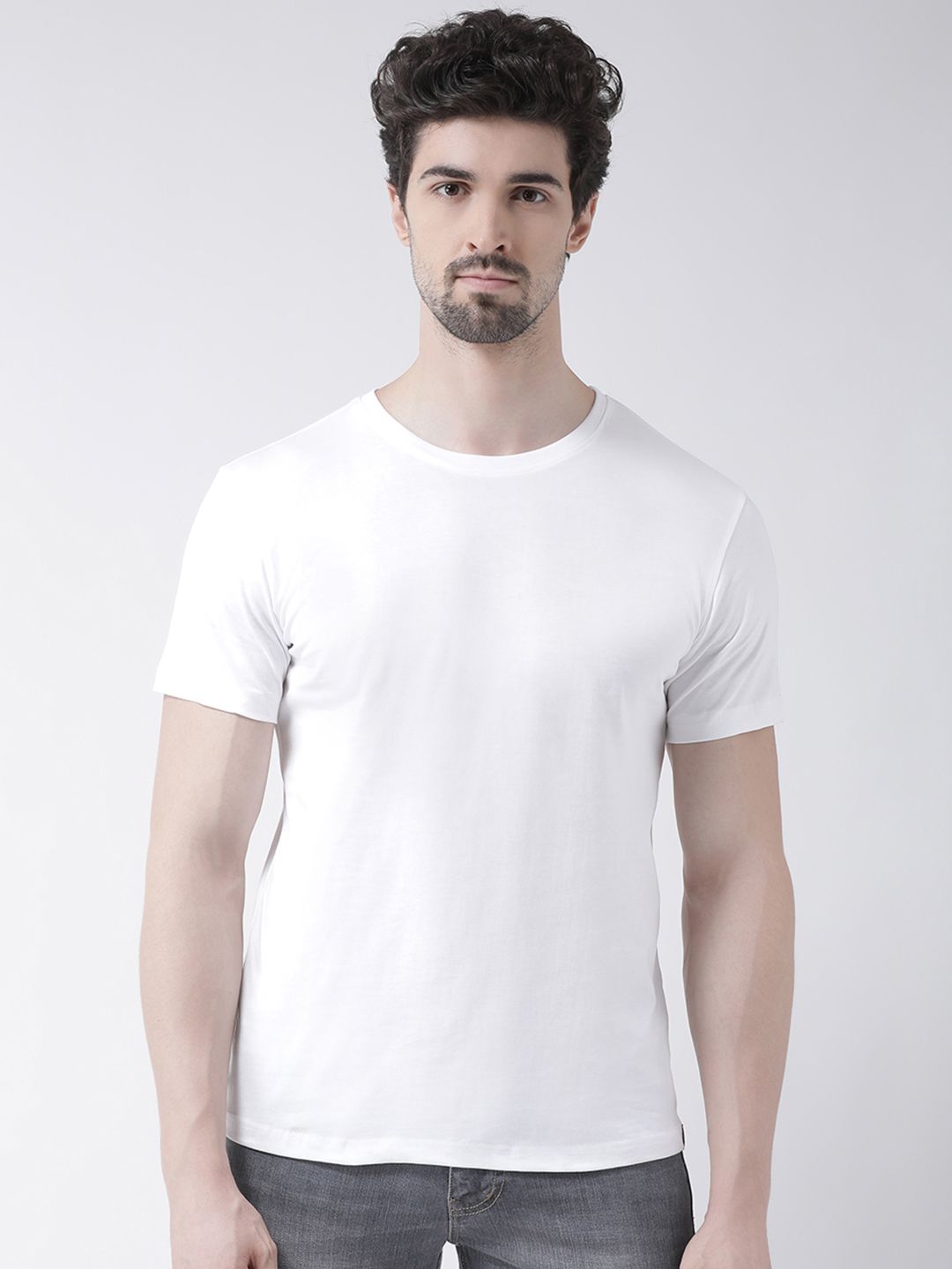 Friskers Men White Solid Round Neck Pure Cotton T-shirt