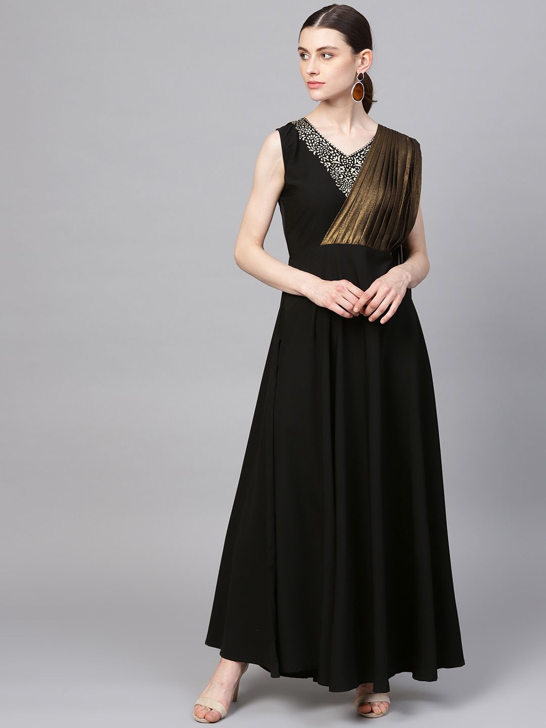 Ahalyaa Women Black Solid Flared Maxi Dress with Attached Drape Price in India