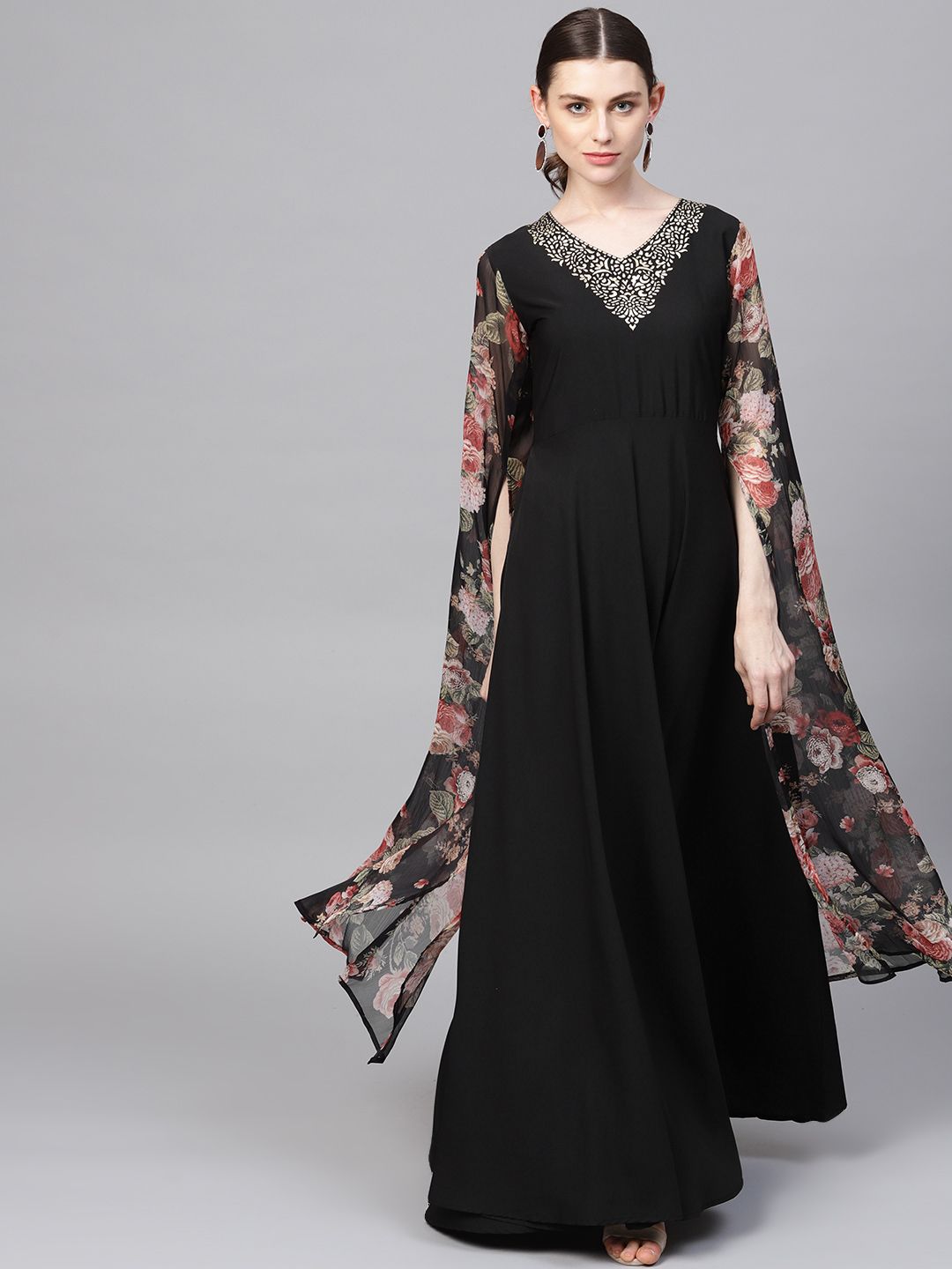 Ahalyaa Black V-Neck Maxi Dress Price in India