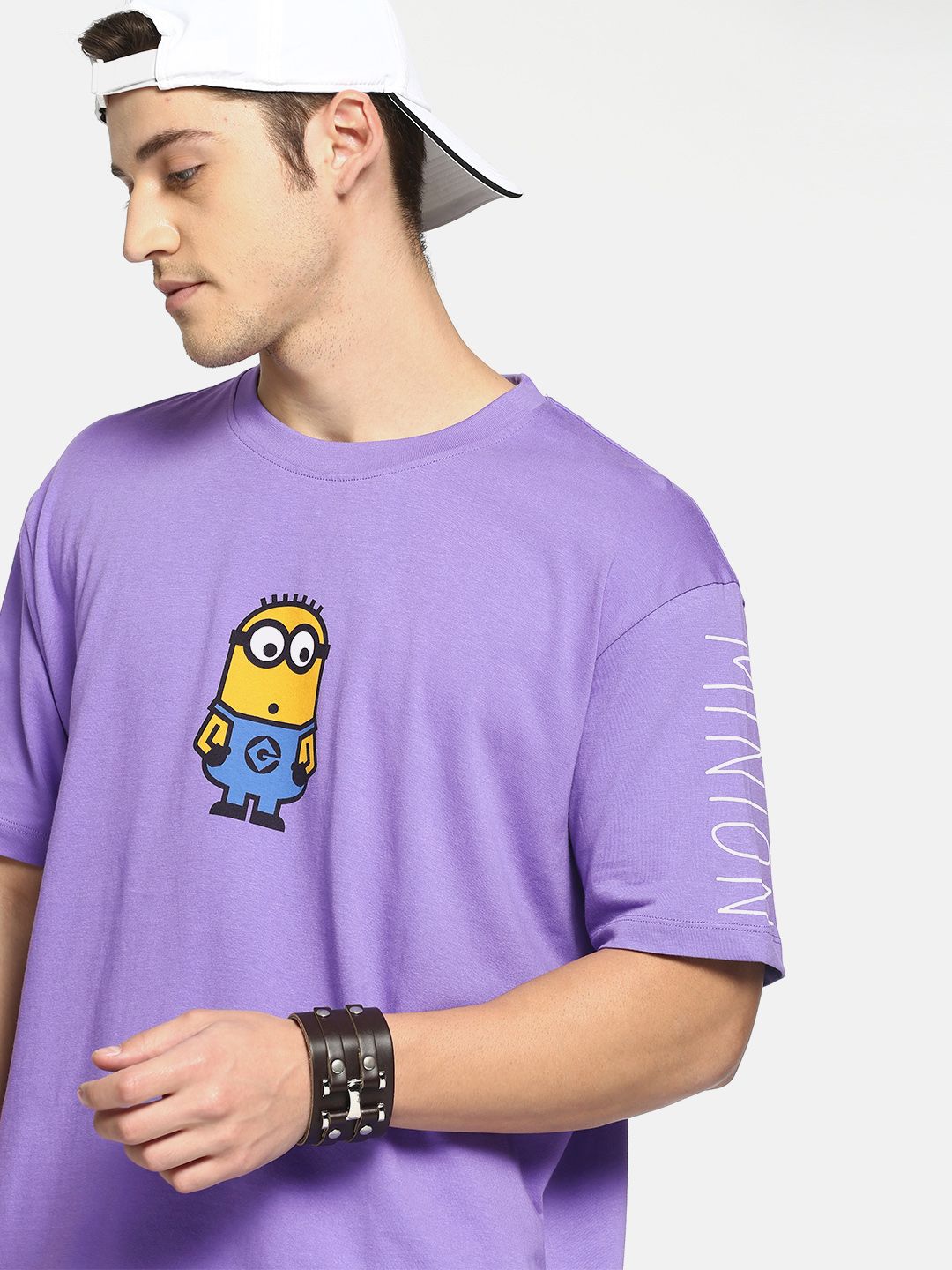 Minions by Kook N Keech Men Purple Boxy Fit Printed Round Neck Pure Cotton Oversized T-shirt