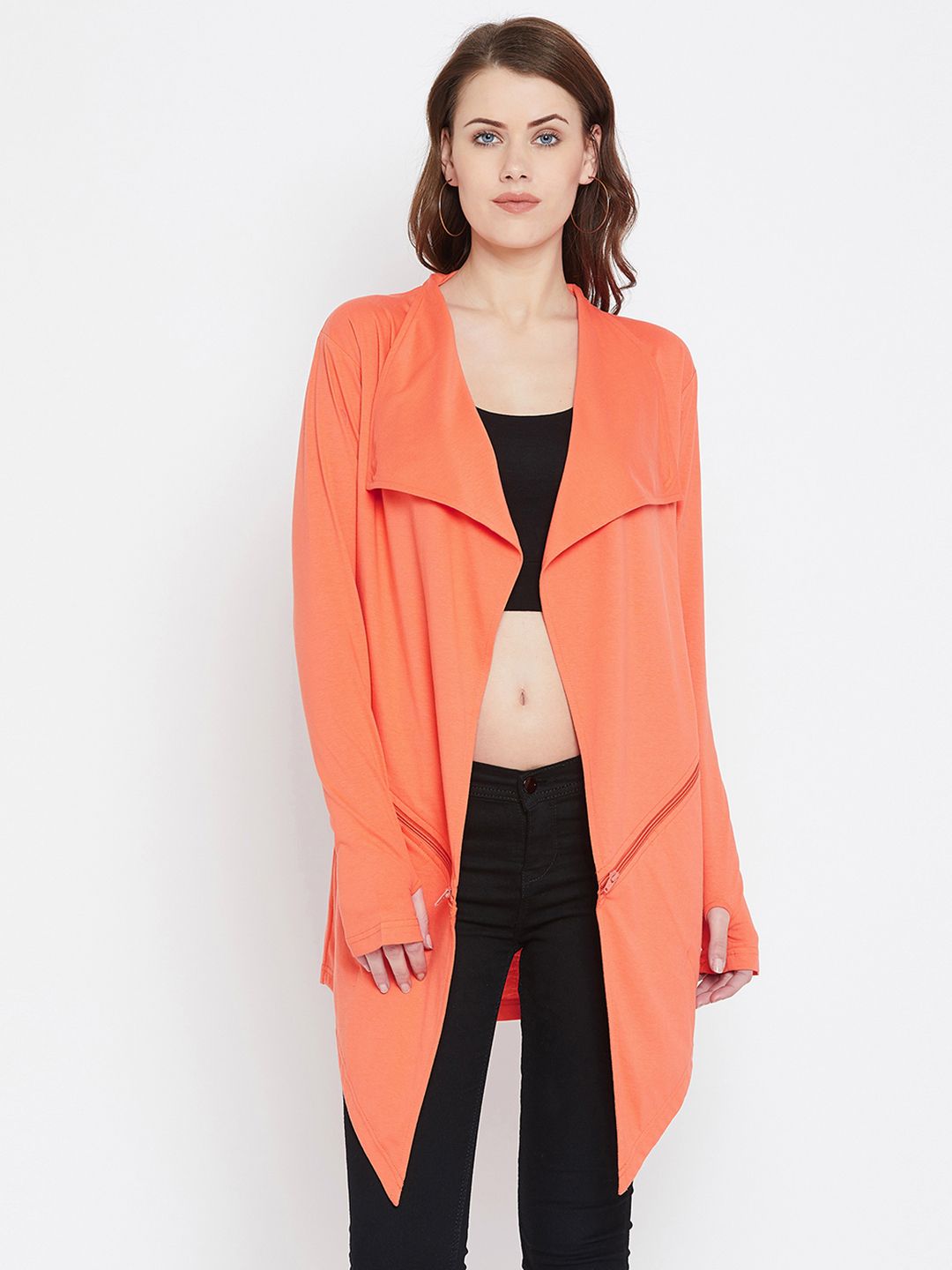Hypernation Coral Solid Open Front Longline Shrug Price in India