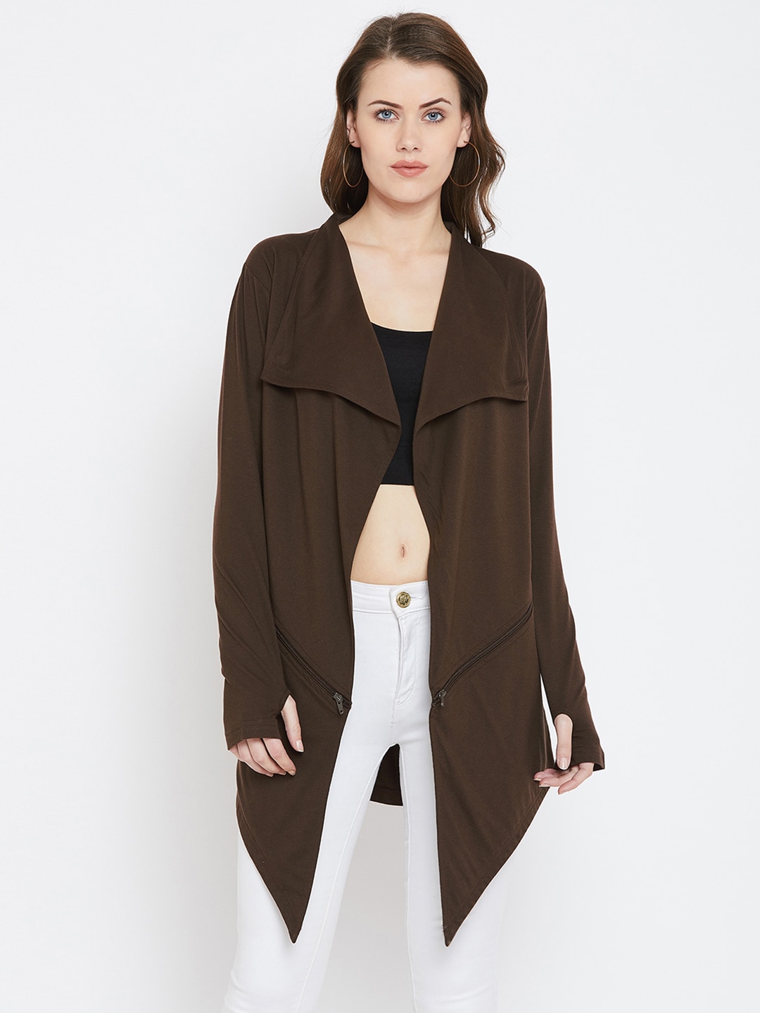 Hypernation Brown Solid Open Front Longline Shrug Price in India