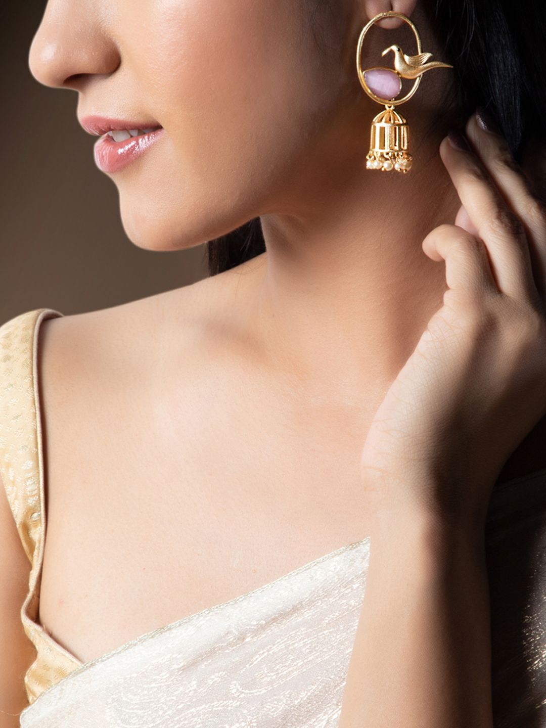 Rubans Women Gold-Toned & Pink Contemporary Jhumkas Price in India