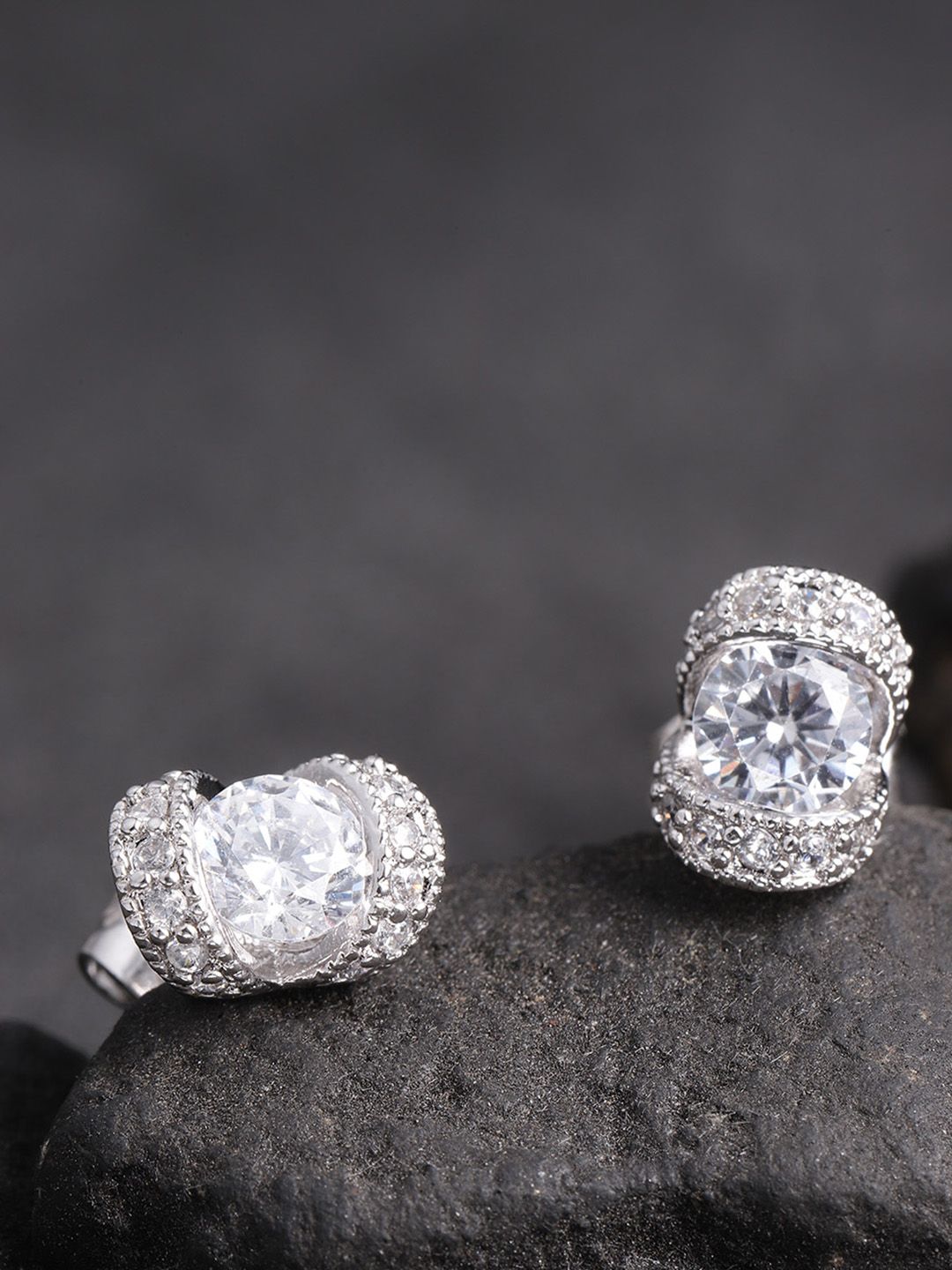 Carlton London Silver-Toned Rhodium-Plated CZ-Studded Contemporary Studs Price in India