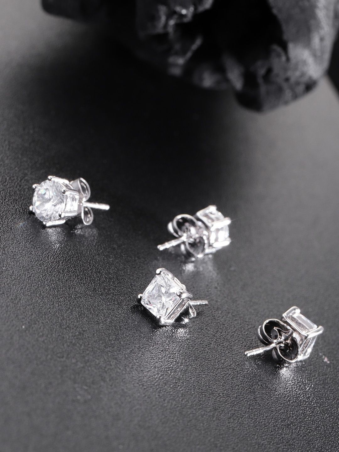 Carlton London Set of 2 Silver-Toned Rhodium-Plated CZ-Studded Geometric Studs Price in India