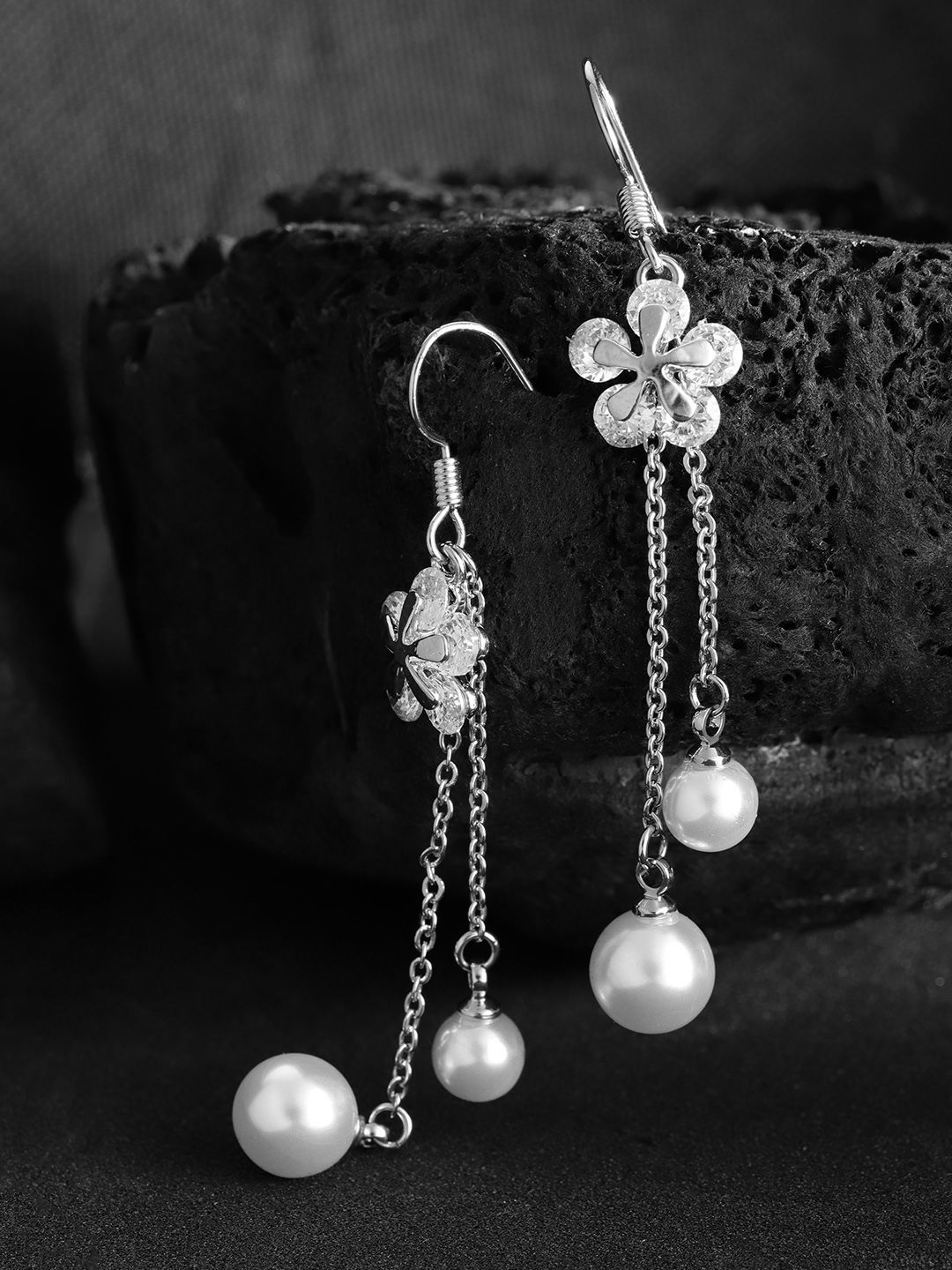 Carlton London Silver-Toned & Off-White Stone-Studded Rhodium-Plated Floral Drop Earrings Price in India