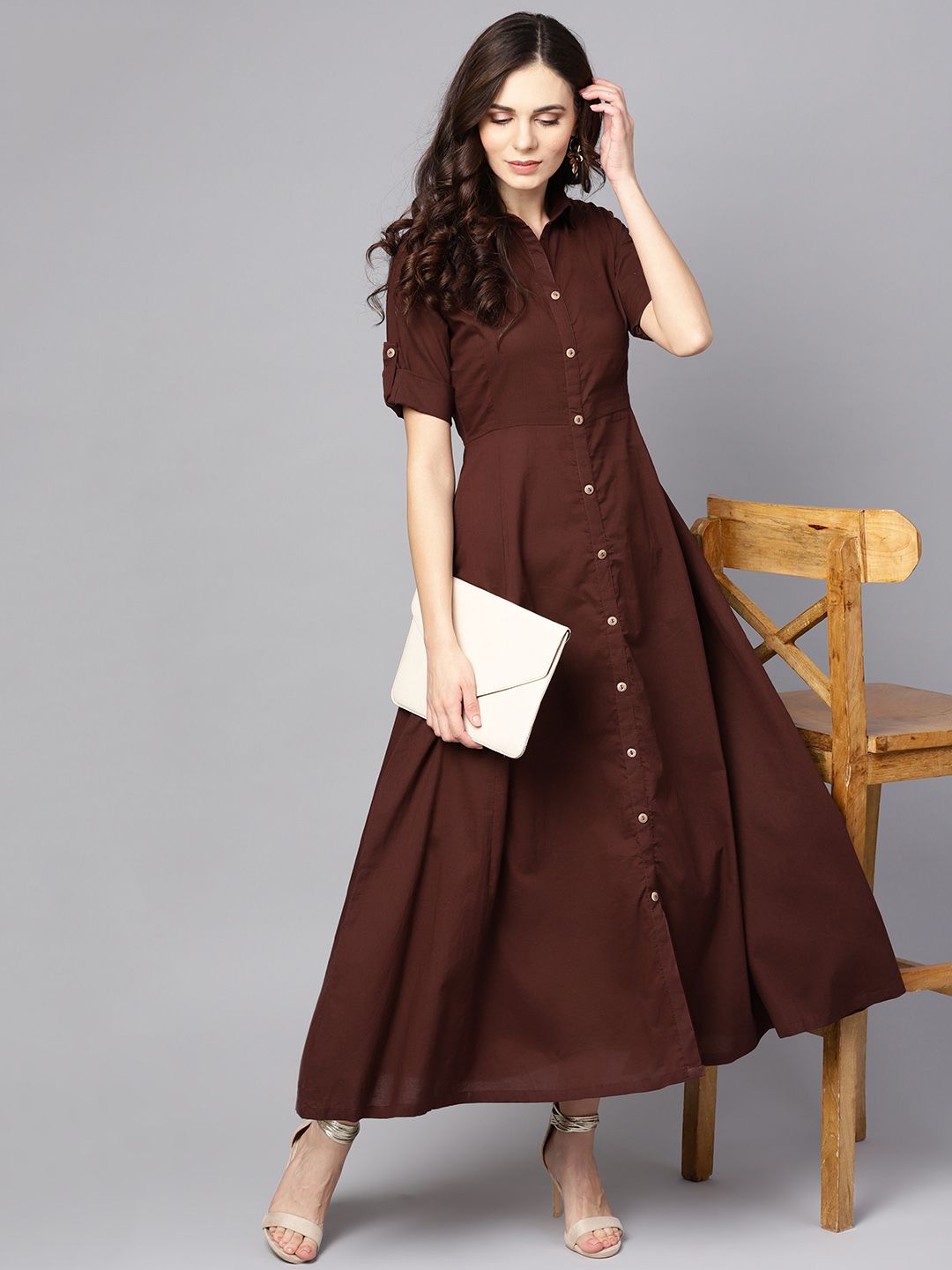 Nayo Coffee Brown Shirt Cotton Maxi Dress Price in India