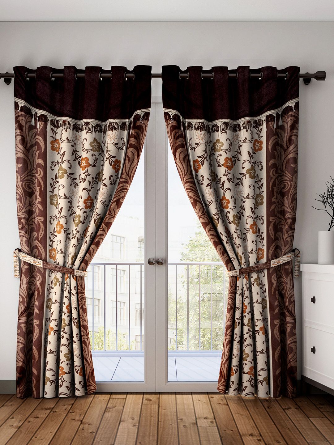 Fashion String Brown & Cream-Coloured Set of 2 Long Door Curtains Price in India