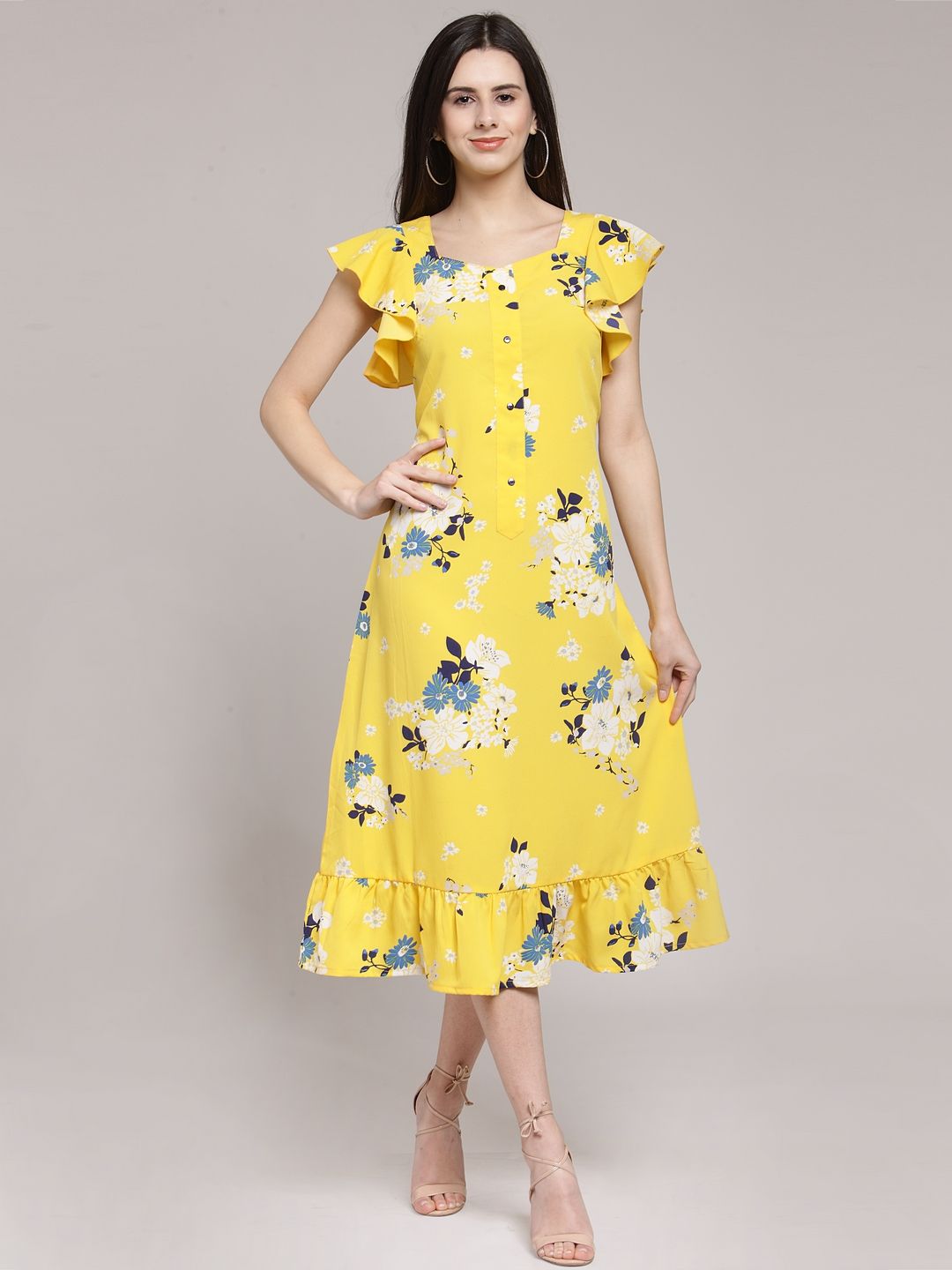 plusS Yellow & Off-White Floral Printed A-Line Dress Price in India