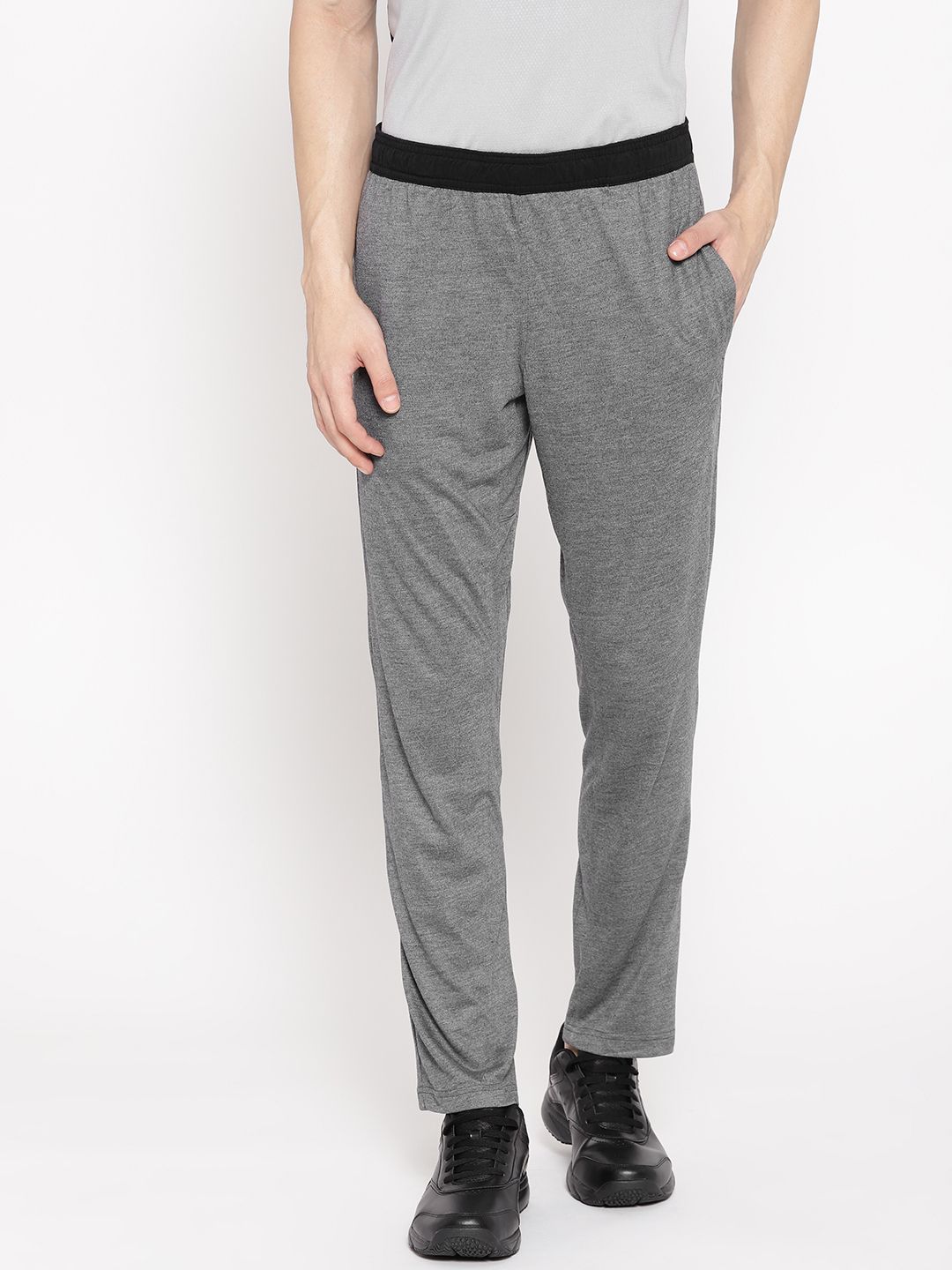 Reebok Men Charcoal Grey Solid Training Essentials Jersey Track Pants Reebok Men Charcoal Grey Solid Training Essentials Jersey Track Pants
