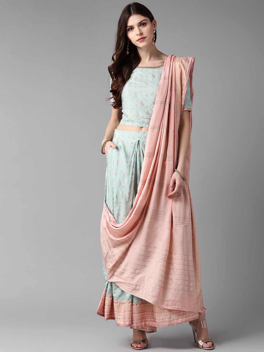 W Women Blue & Peach-Coloured Printed Top with  With Attached Dupatta Price in India