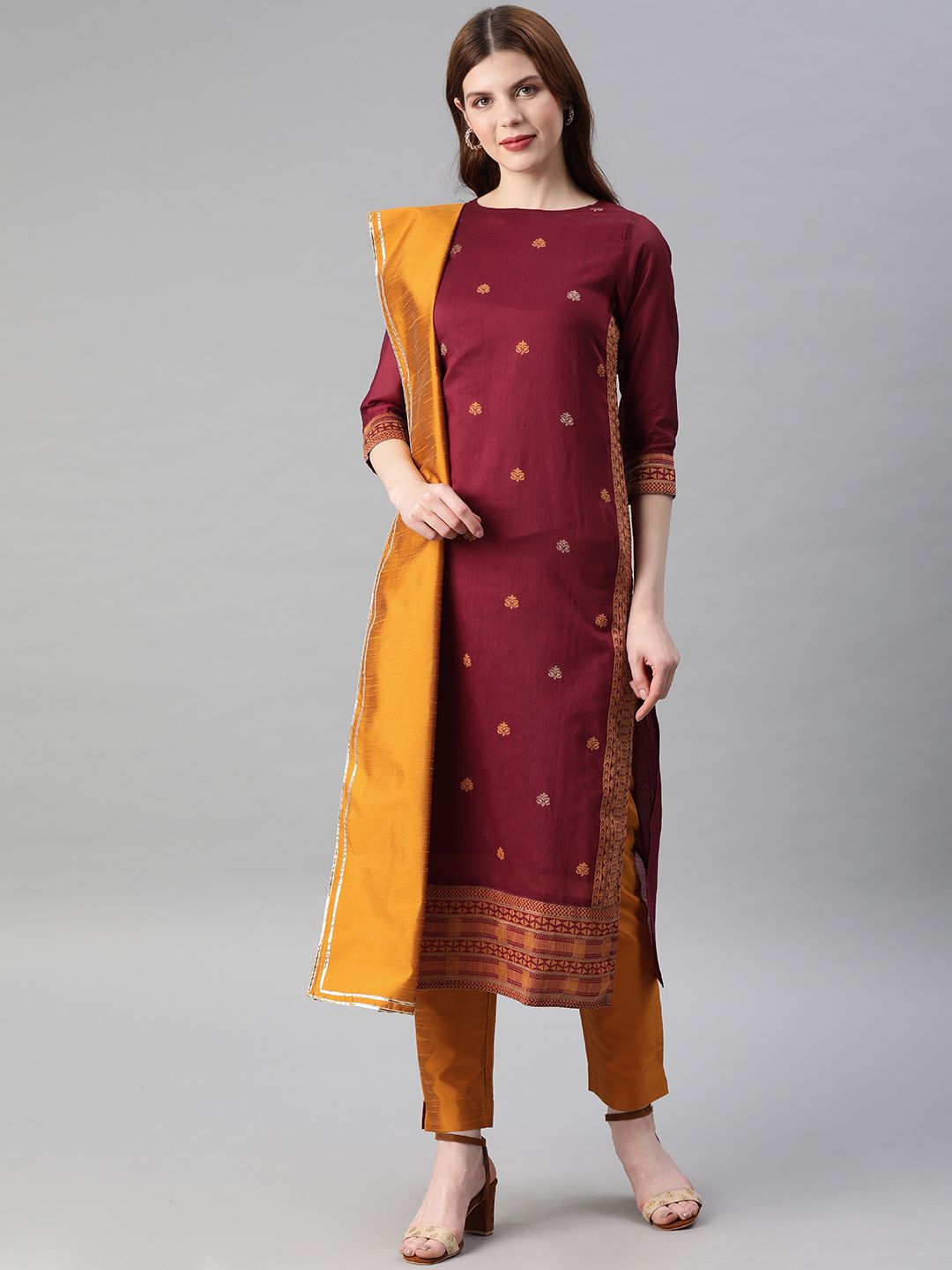 Jaipur Kurti Women Maroon & Mustard Yellow Woven Design Kurta with Trousers & Dupatta Price in India