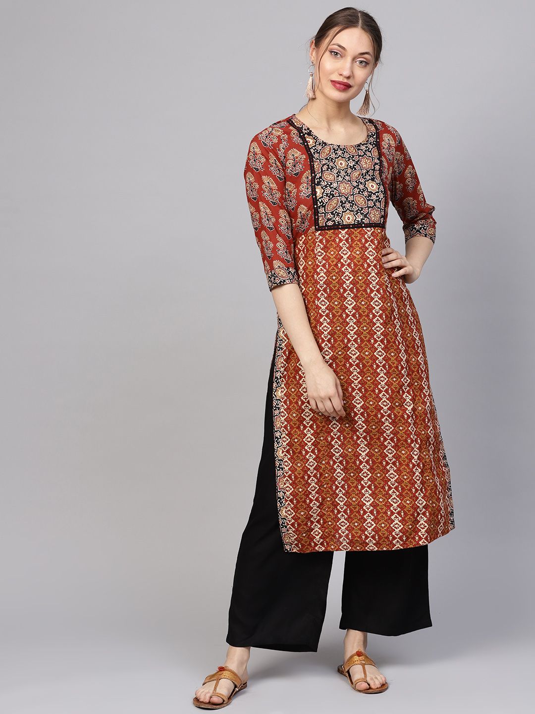 Jaipur Kurti Women Maroon & Black Printed Kurta with Palazzos Price in India