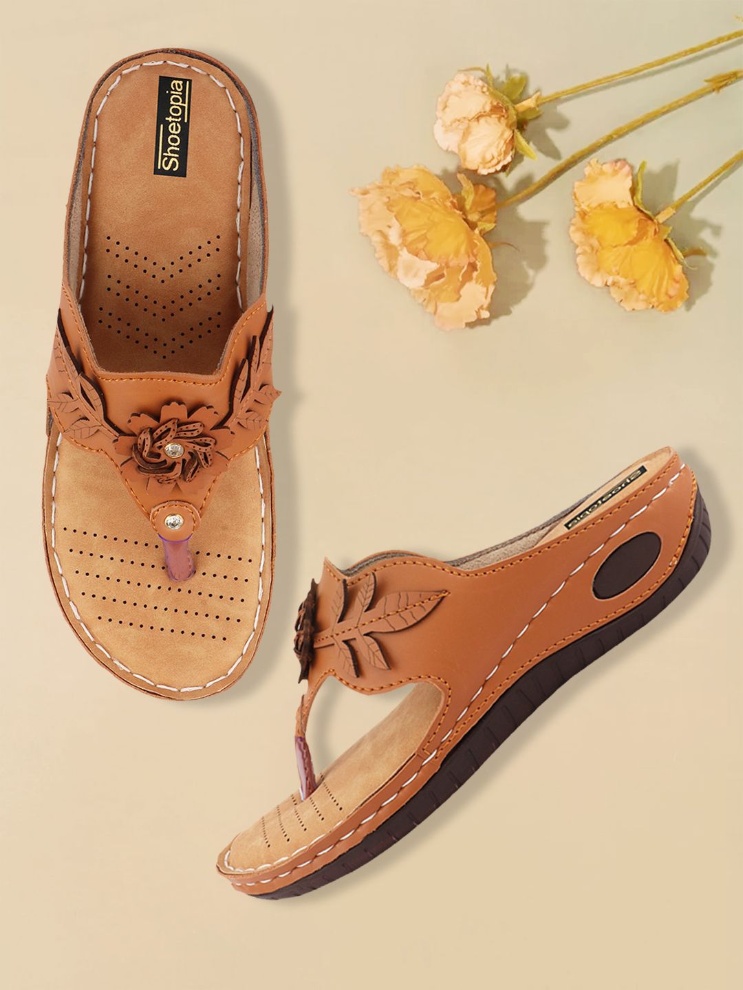 Shoetopia Women Tan Brown Embellished Sandals Price in India