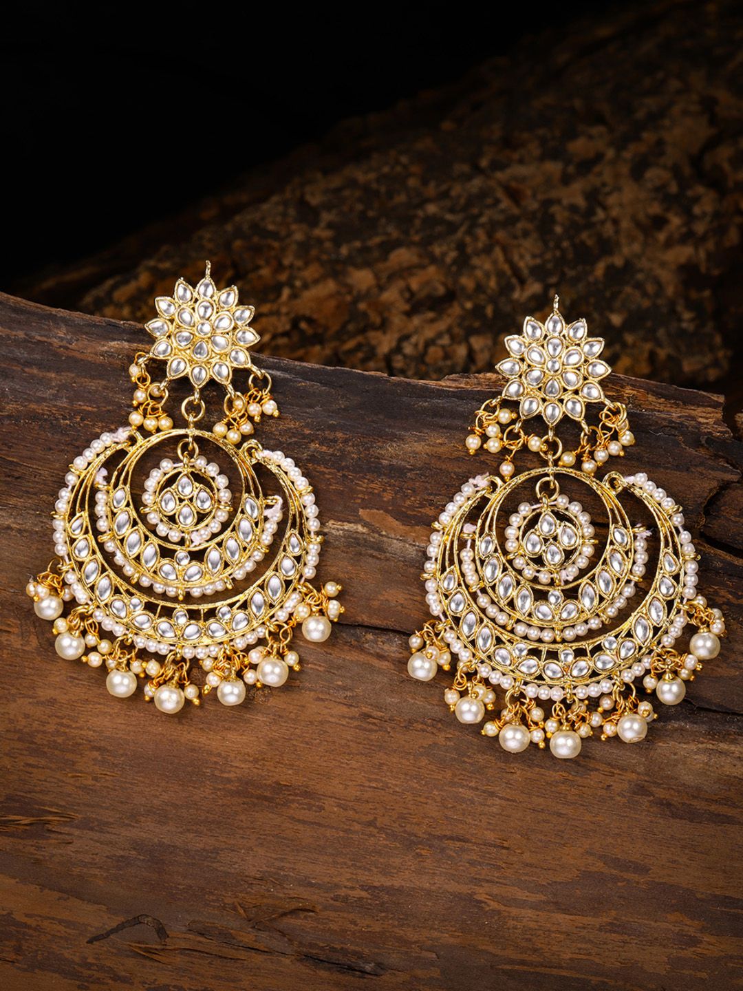 Zaveri Pearls Gold-Toned Pearl & Kundan Studded Crescent Shaped Chandbalis Price in India