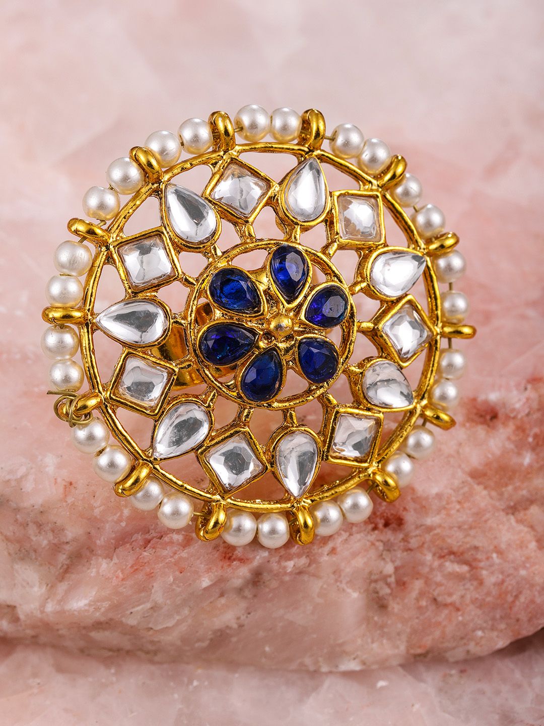 Zaveri Pearls Gold Toned Kundan & Pearls Circular Adjustable Finger Ring Price in India