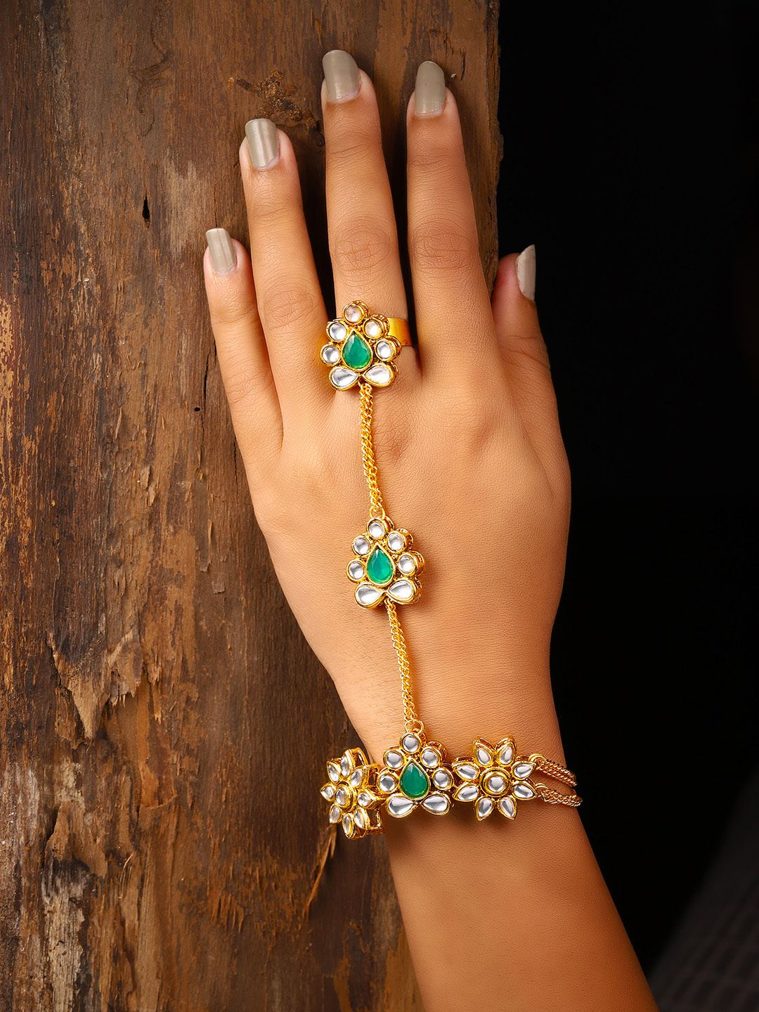 Zaveri Pearls Gold-Toned & Green Kundan Ring Bracelet Price in India
