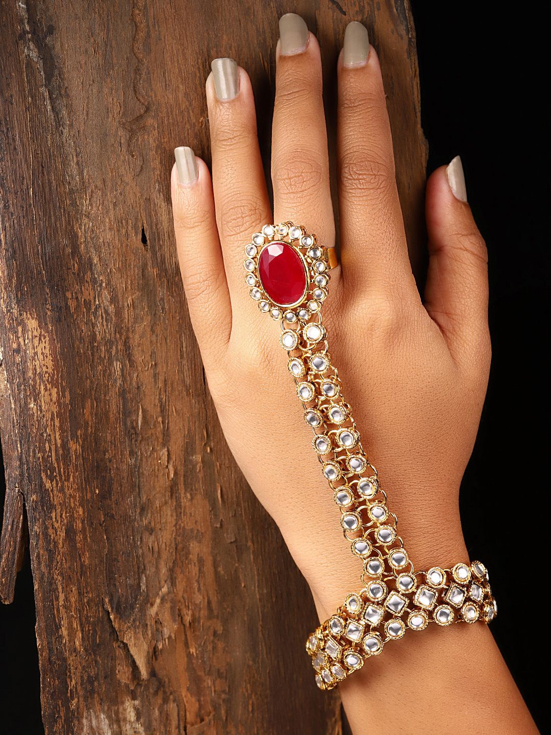Zaveri Pearls Gold-Toned & Red Kundan Ring Bracelet Price in India