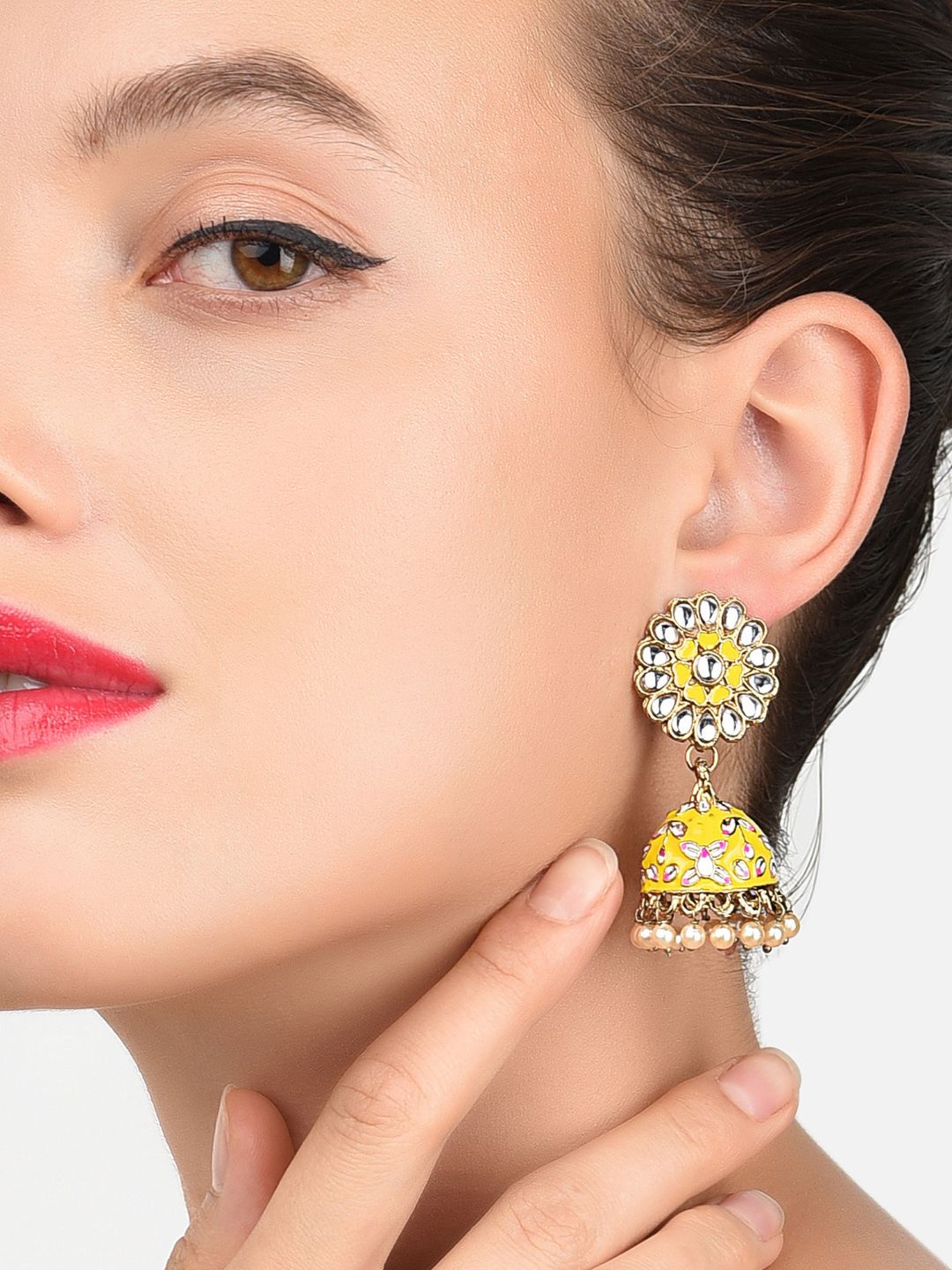 Zaveri Pearls Gold-Toned & Yellow Dome Shaped Jhumkas Price in India