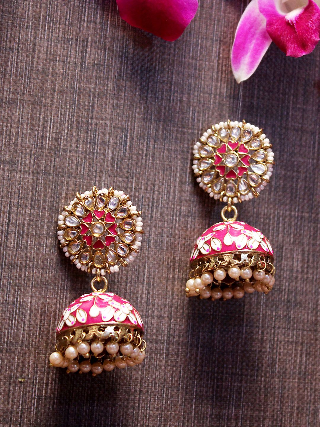 AccessHer Gold-Plated Handcrafted Kundan Studded Dome Shaped Jhumkas Price in India