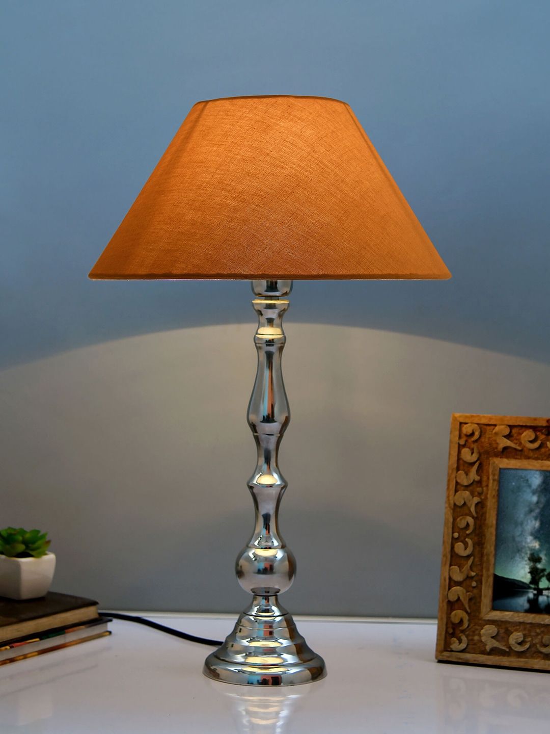 Homesake Silver-Toned & Beige Solid Bedside Standard Lamp with Shade Price in India