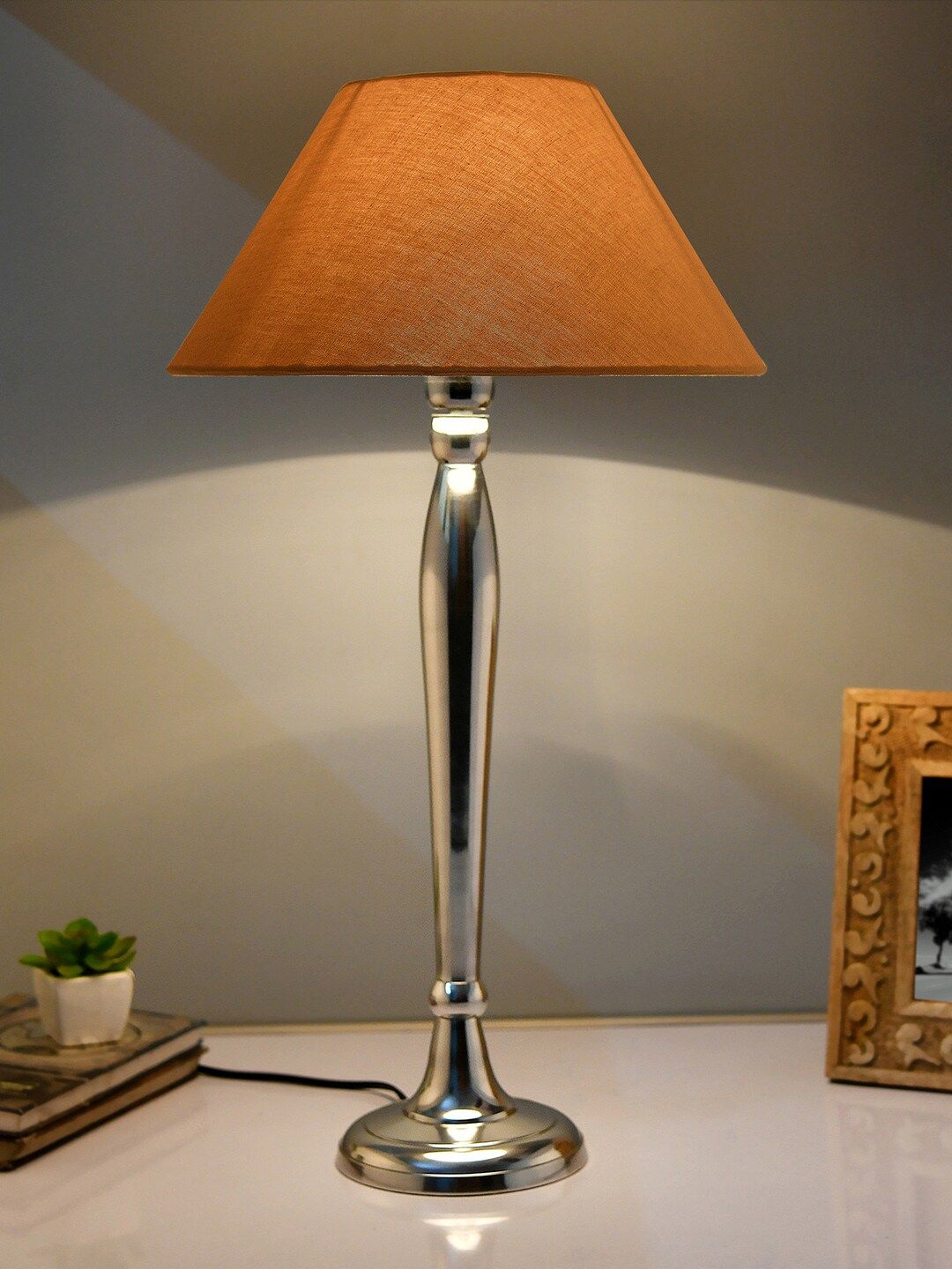 Homesake Silver-Toned & Beige Solid Royal Ovoid Chrome Handcrafted Table Lamp with Shade Price in India