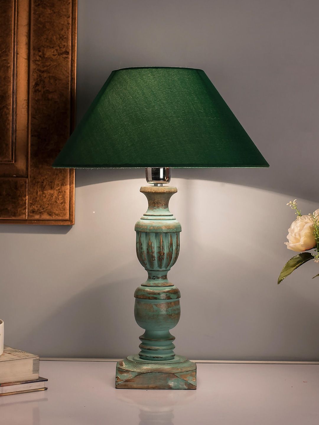 Homesake Blue & Green Solid Bedside Standard Table Lamp with Shade Price in India