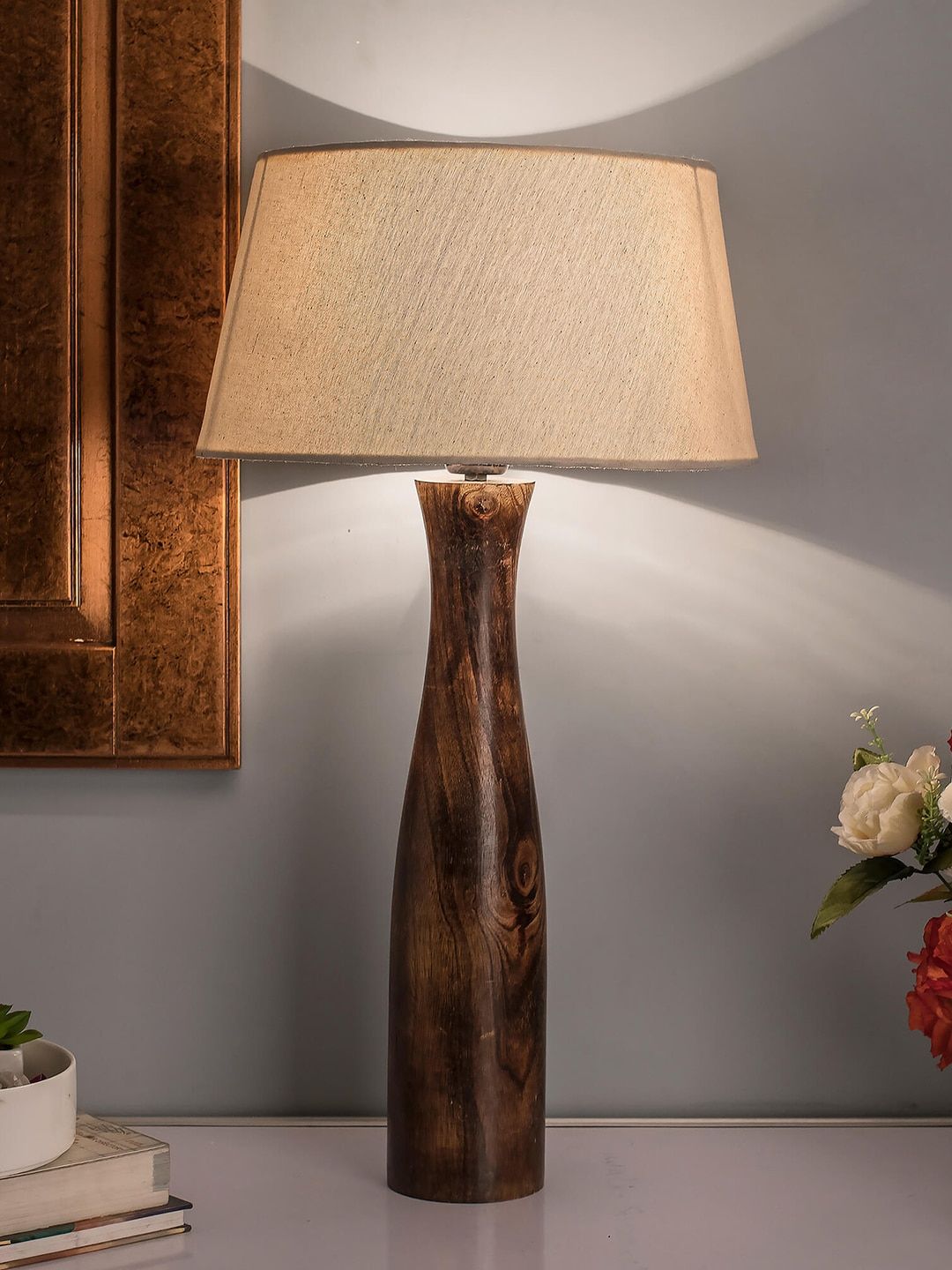 Homesake Brown and Off-White Solid Handcrafted Bedside Standard Table Lamp Price in India