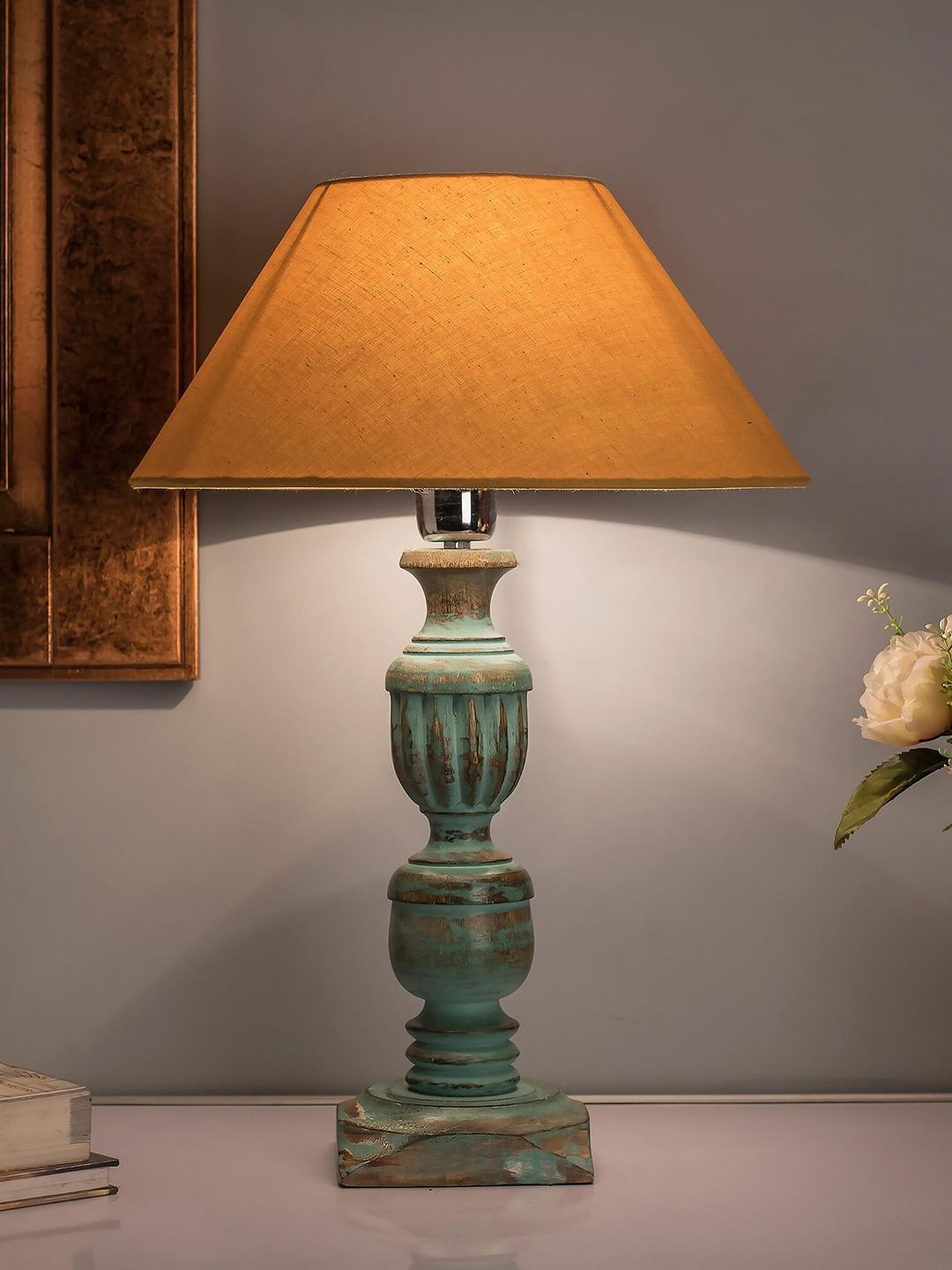 Homesake Blue & Beige Solid Handcrafted Bedside Standard Table Lamp Price in India