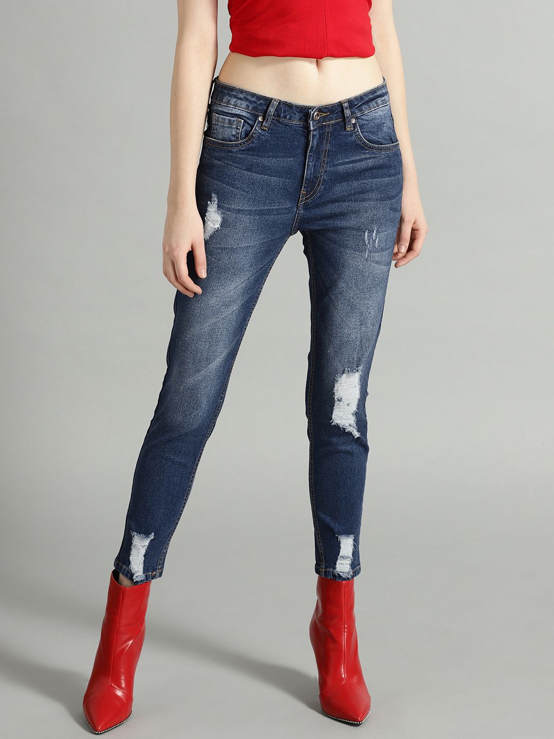 The Roadster Lifestyle Co Women Navy Blue Skinny Fit Mid-Rise Highly Distress Stretchable Jeans Price in India