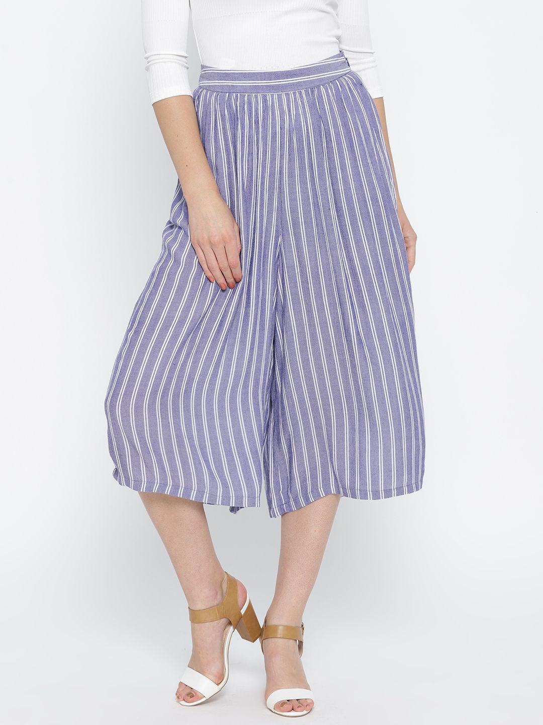 Pepe Jeans Women Blue & White Loose Fit Striped Flared Culottes Price in India