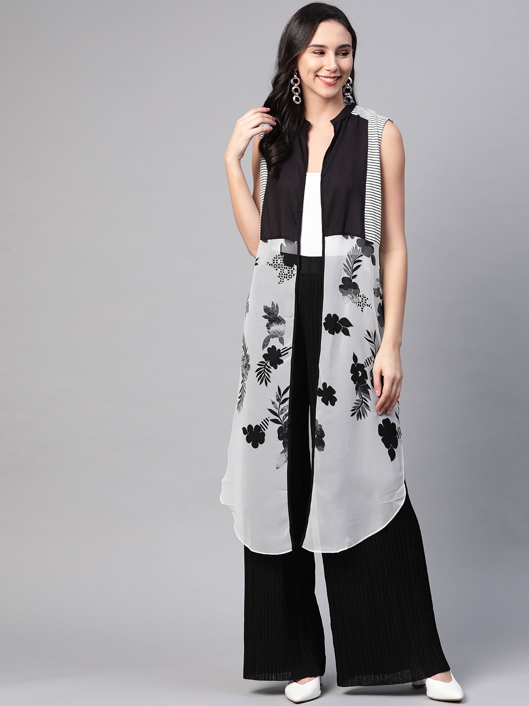 W Women Off-White & Black Printed Open Front Longline Jacket Price in India