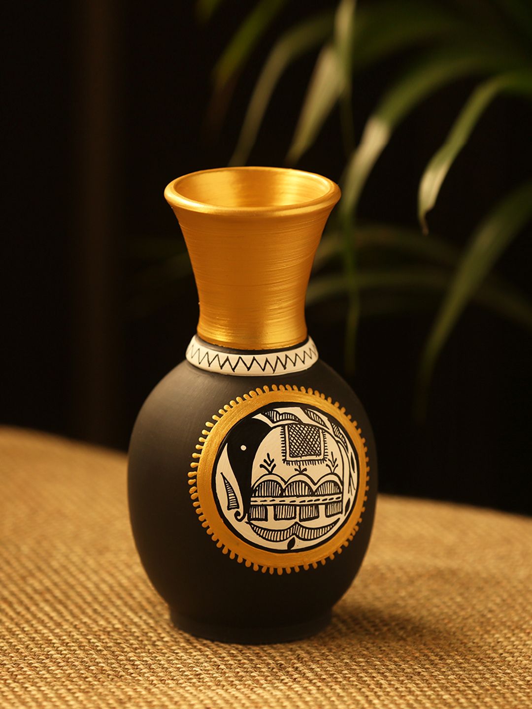 ExclusiveLane Black & Gold-Toned Madhubani Hand-Painted Teracotta Vase Price in India