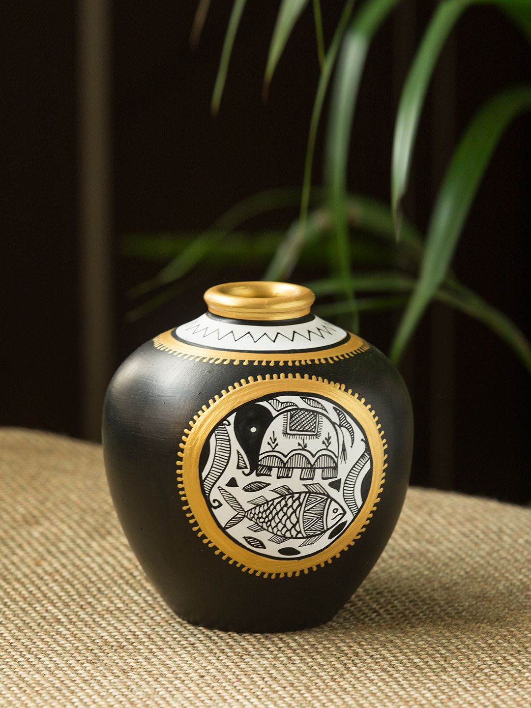 ExclusiveLane Black & Gold-Toned Madhubani Hand-Painted Teracotta Vase Price in India