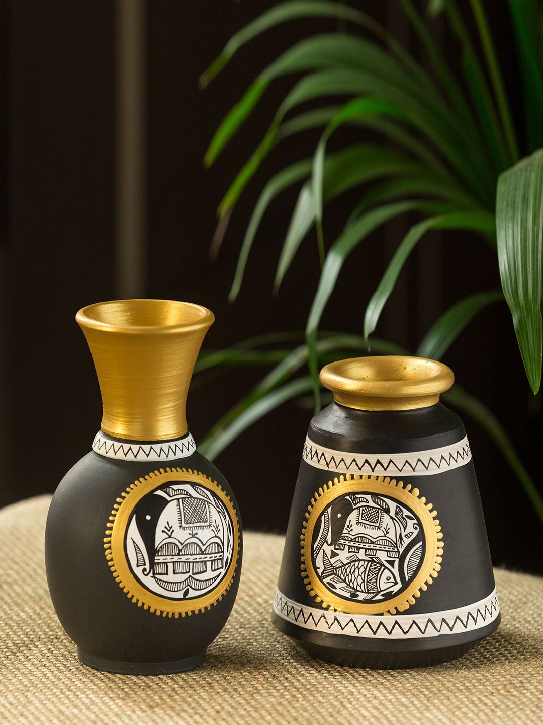 ExclusiveLane Set of 2 Black & Gold-Toned Madhubani Hand-Painted Terracotta Flower Vase Price in India