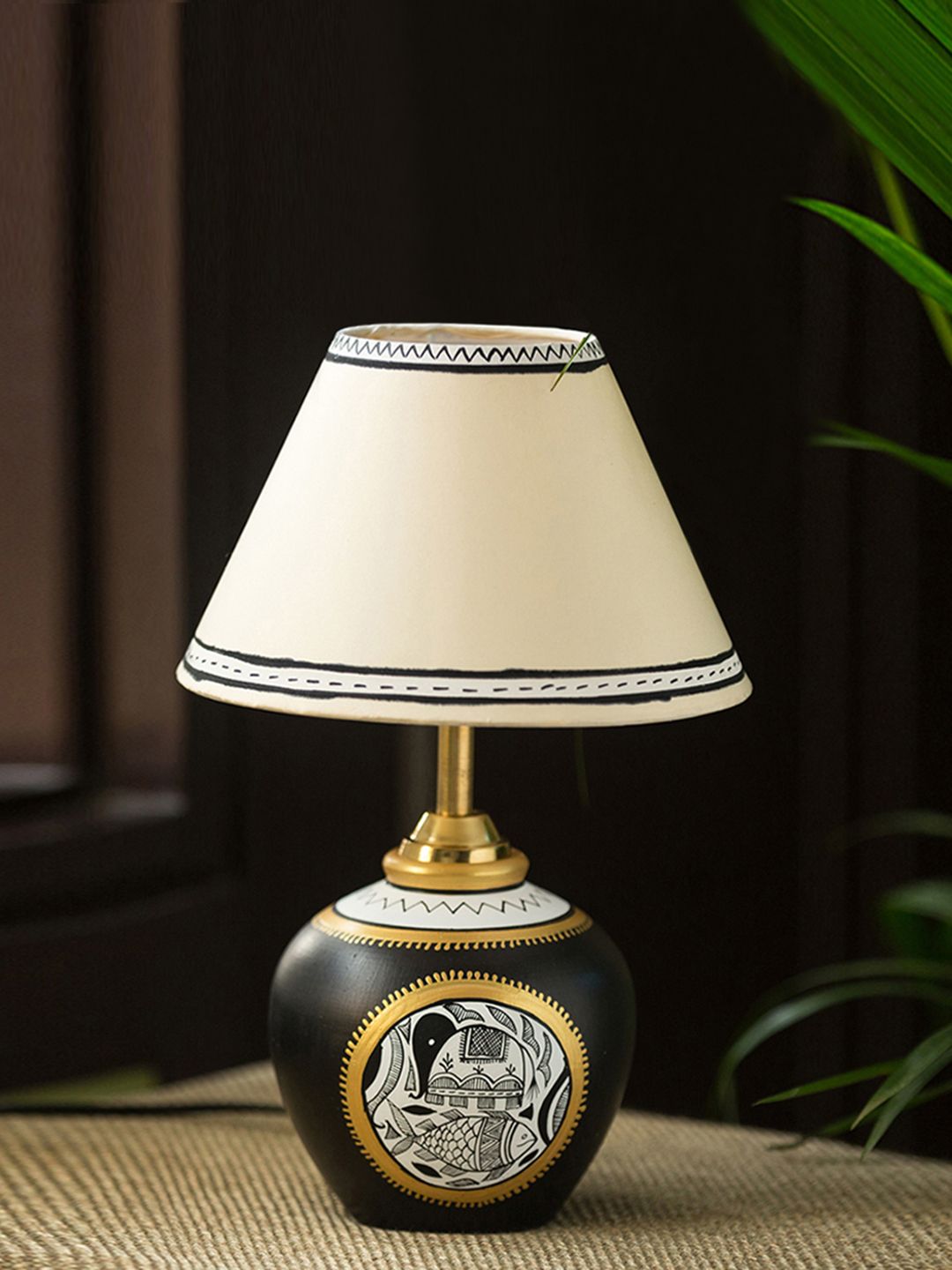 ExclusiveLane Beige Hand-Painted Bedside Standard Terracotta Table Lamp with Shade Price in India
